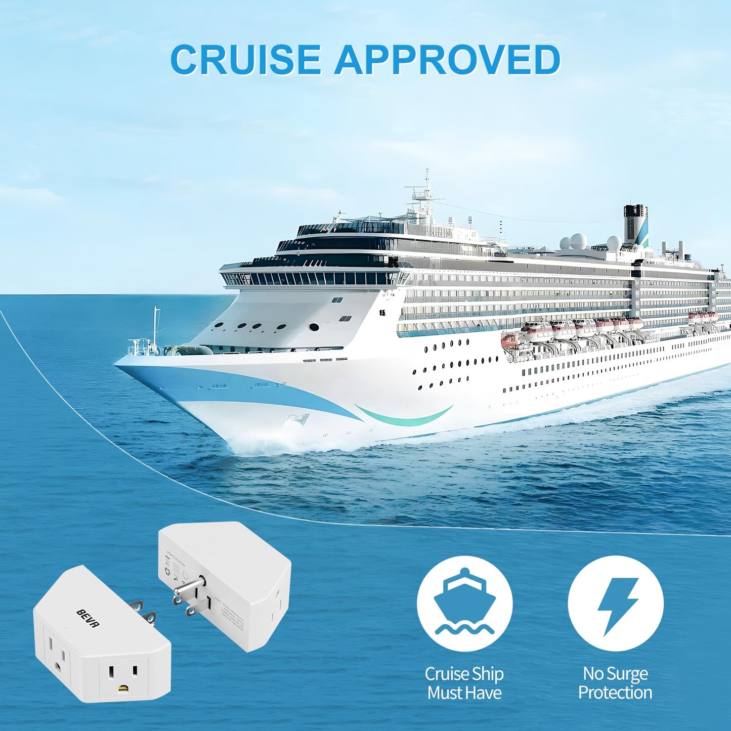 BEVA 2 Pack Small Electric Outlet Adapter, Multi Plug Wall Outlet Extender, 3 Prong Adapter 3 AC Plug Extender for Travel Cruise Ship Dorm Room essentials