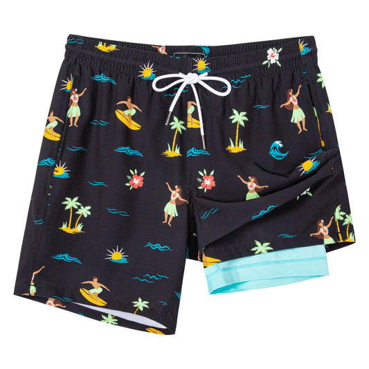 SURF CUZ Mens Swim Trunks with Compression Liner Quick Dry Swim Shorts 7" Swimming Trunks Stretch Bathing Suit 7 Inch,Hawaii Trip,S
