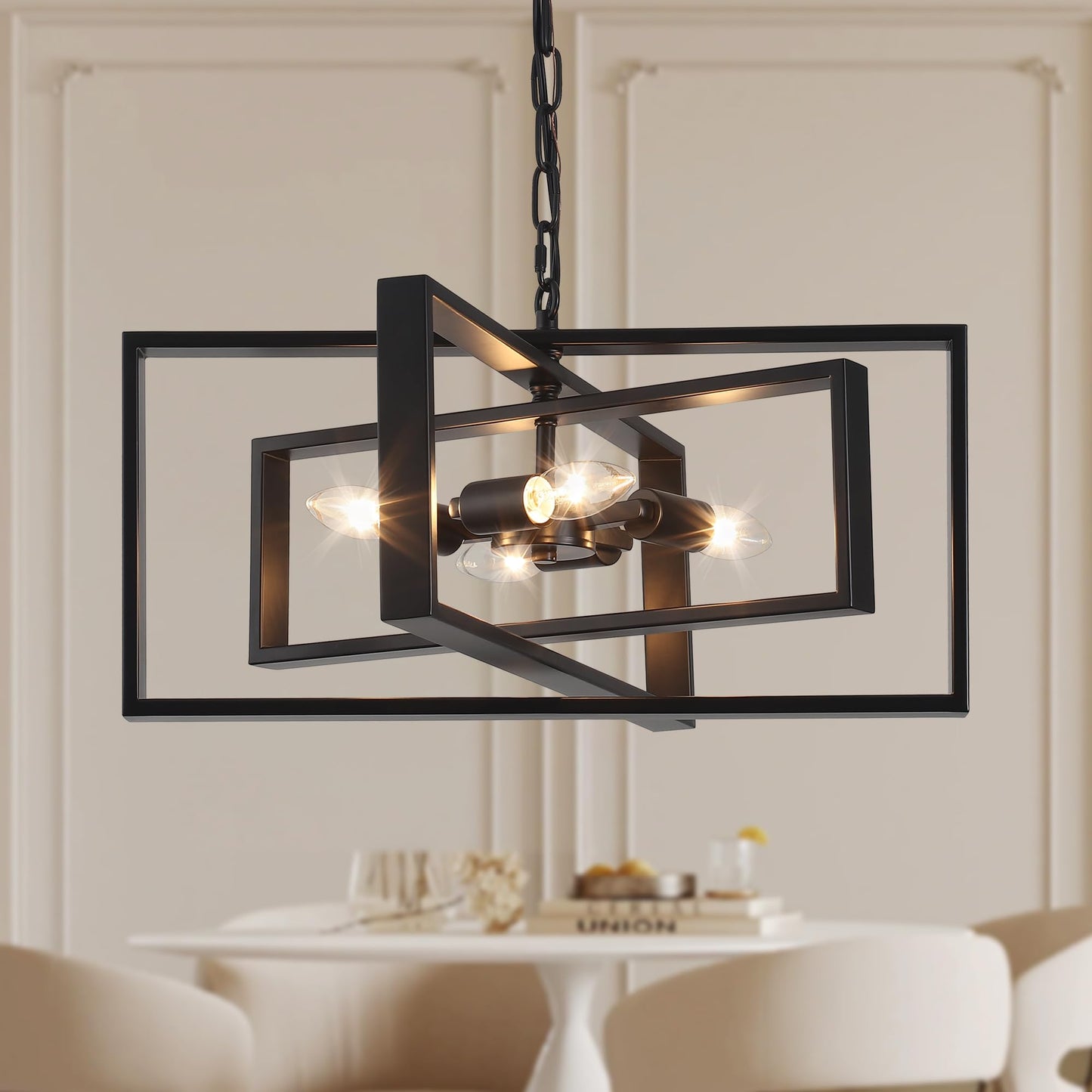 Bosomfr 19.7'' Modern Chandelier 4-Light, Black Farmhouse Light Fixture Cross Chandeliers for Dining Room Living Kitchen Island Bedroom Living,Rectangular Metal Industrial Hanging Ceiling Lighting
