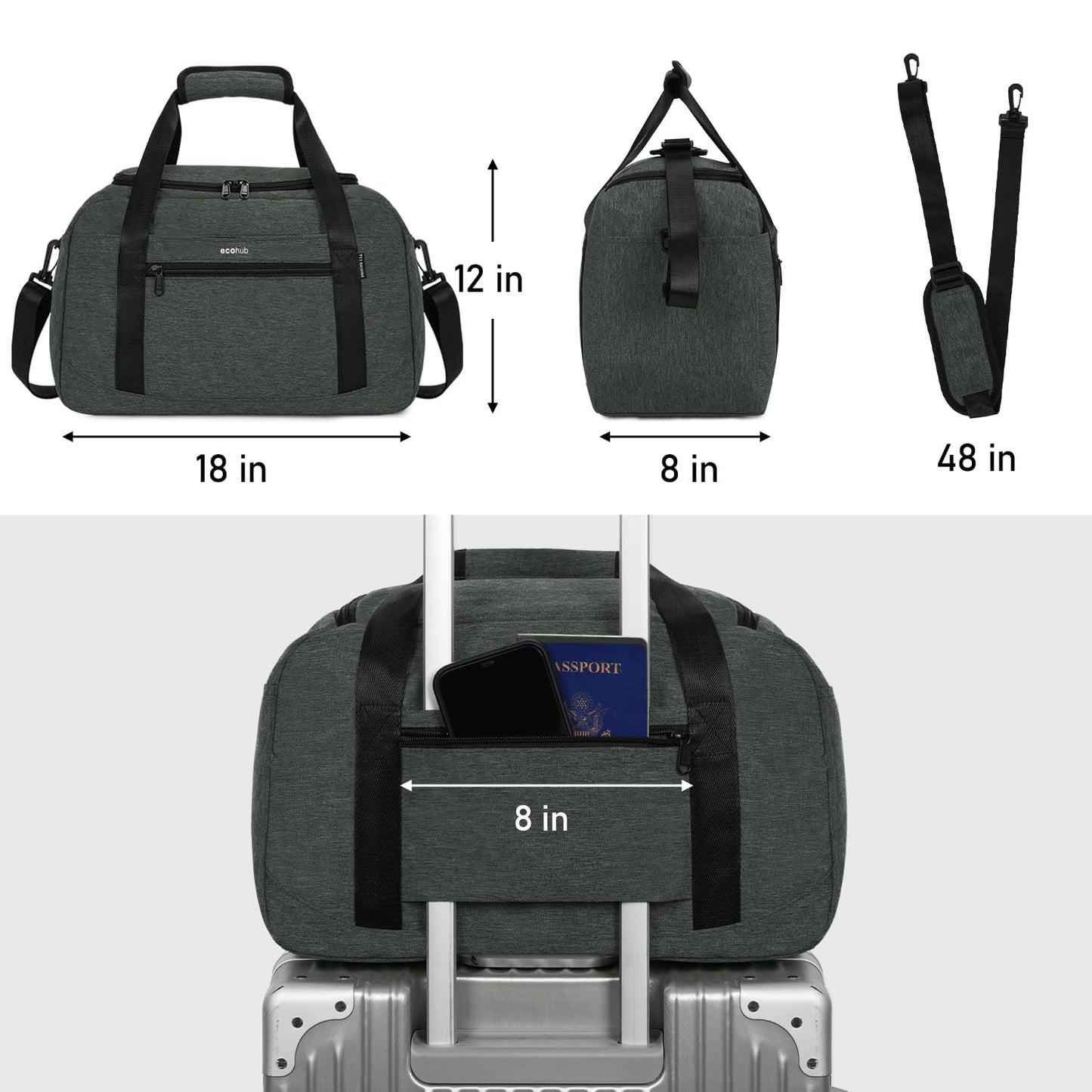 ECOHUB For Spirit Airlines Personal ItemBag 18x14x8 Travel Duffel Bags with Laptop Compartment & ShoeBag Underseat Carry on Bag with Wet Pocket, 30L (Gray)