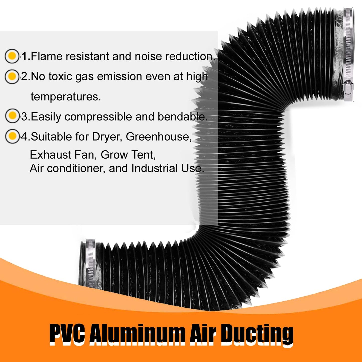Dryer Vent Hose - 4 inch Flexible Duct, 5ft Long, Heavy-Duty Four-Layer Protection - Ideal for Heating, Cooling, Ventilation - Includes 2 Pack Clamps (4 inch 5 Feet)