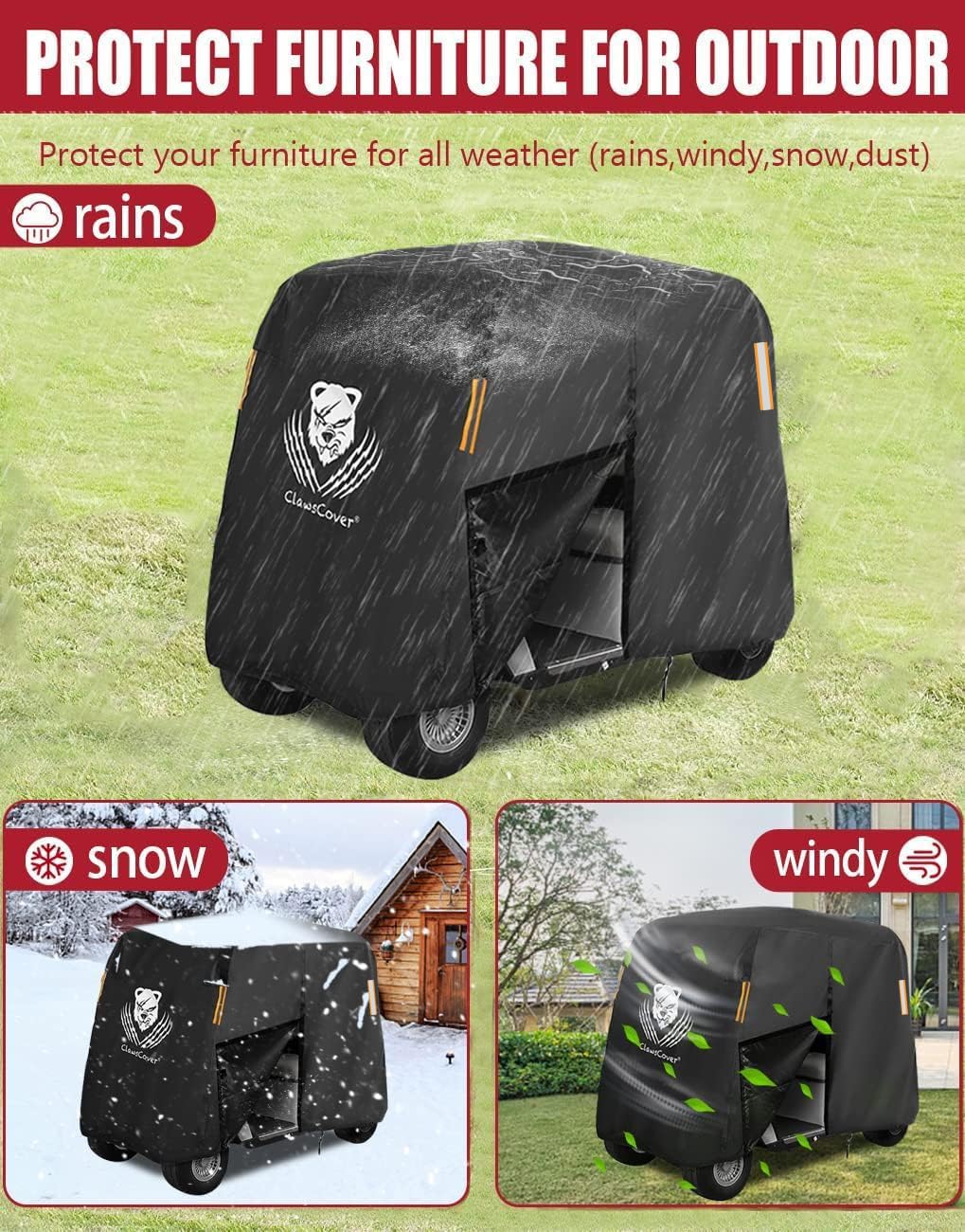Golf Cart Cover 4 Passenger,Waterproof Outdoor 2+2 Golf Cart Covers Extended Roof,Universal Fits for Club Car Precedent EZGO Evolution Yamaha Kandi Onward Denago, UV-Resistant All Weather Protection