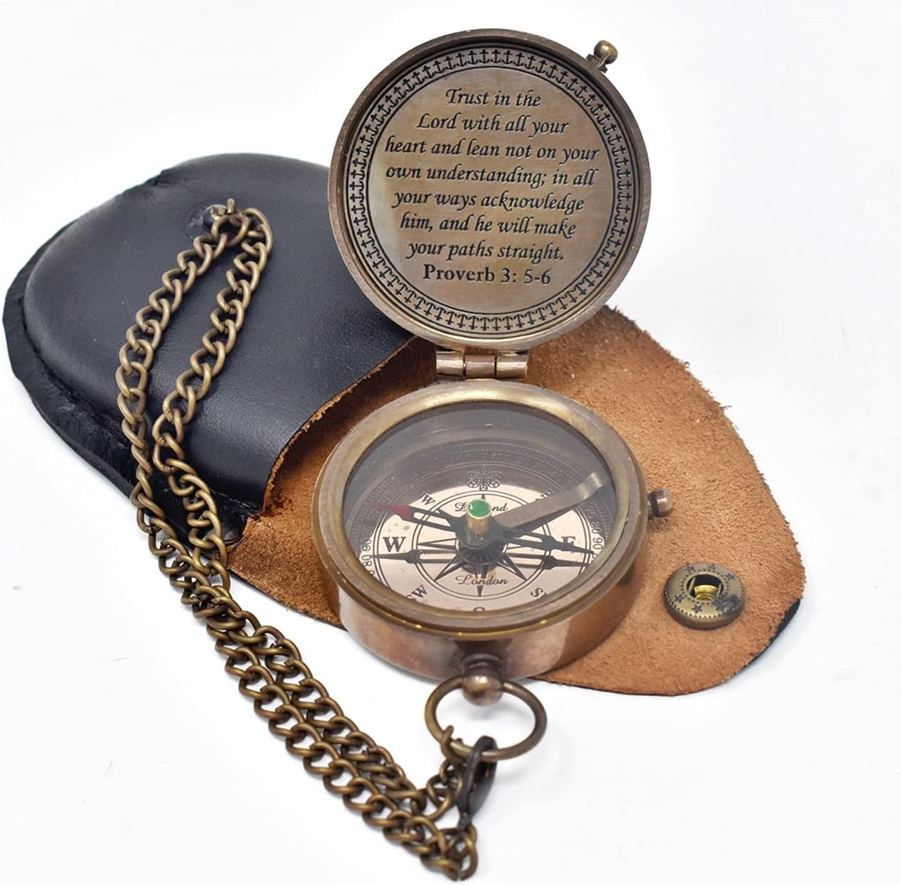 Trust In The Lord Engraved Compass - Proverbs 3:5-16 Graduation Gift | Stamped Leather Case, Perfect for Camping & Boating
