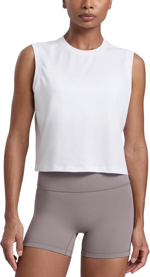 CRZ YOGA Muscle Tank Top for Women - Breathable Cotton-Blend, Quick Dry, High Neck | Casual Sleeveless Athletic Shirt