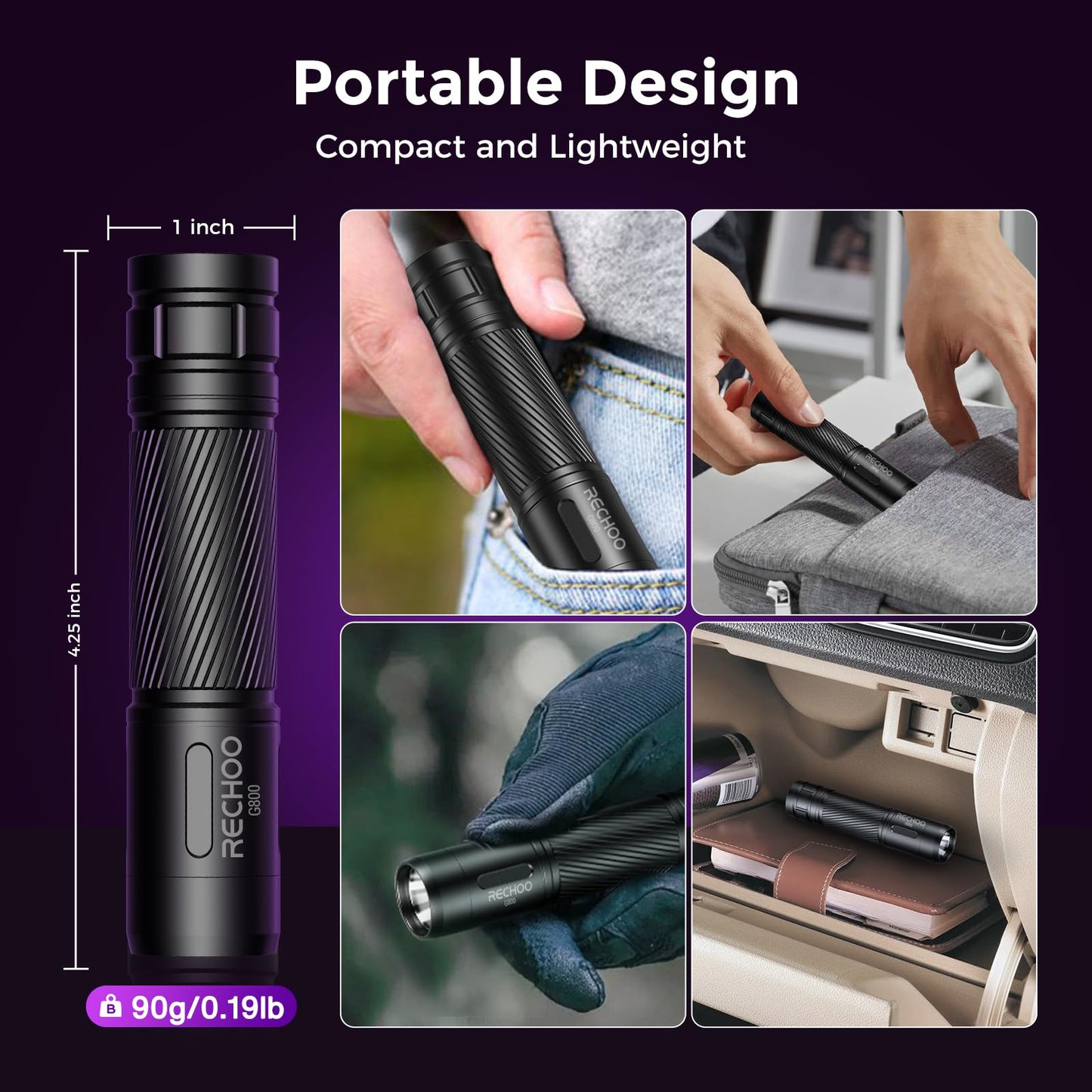 RECHOO Black Light UV Flashlight, 395nm Blacklight Rechargeable Flashlights UV Light, Portable Mini Black Light for Pet Urine Detection, Bed Bug, Dry Stains, Resin Curing, Scorpions Finder