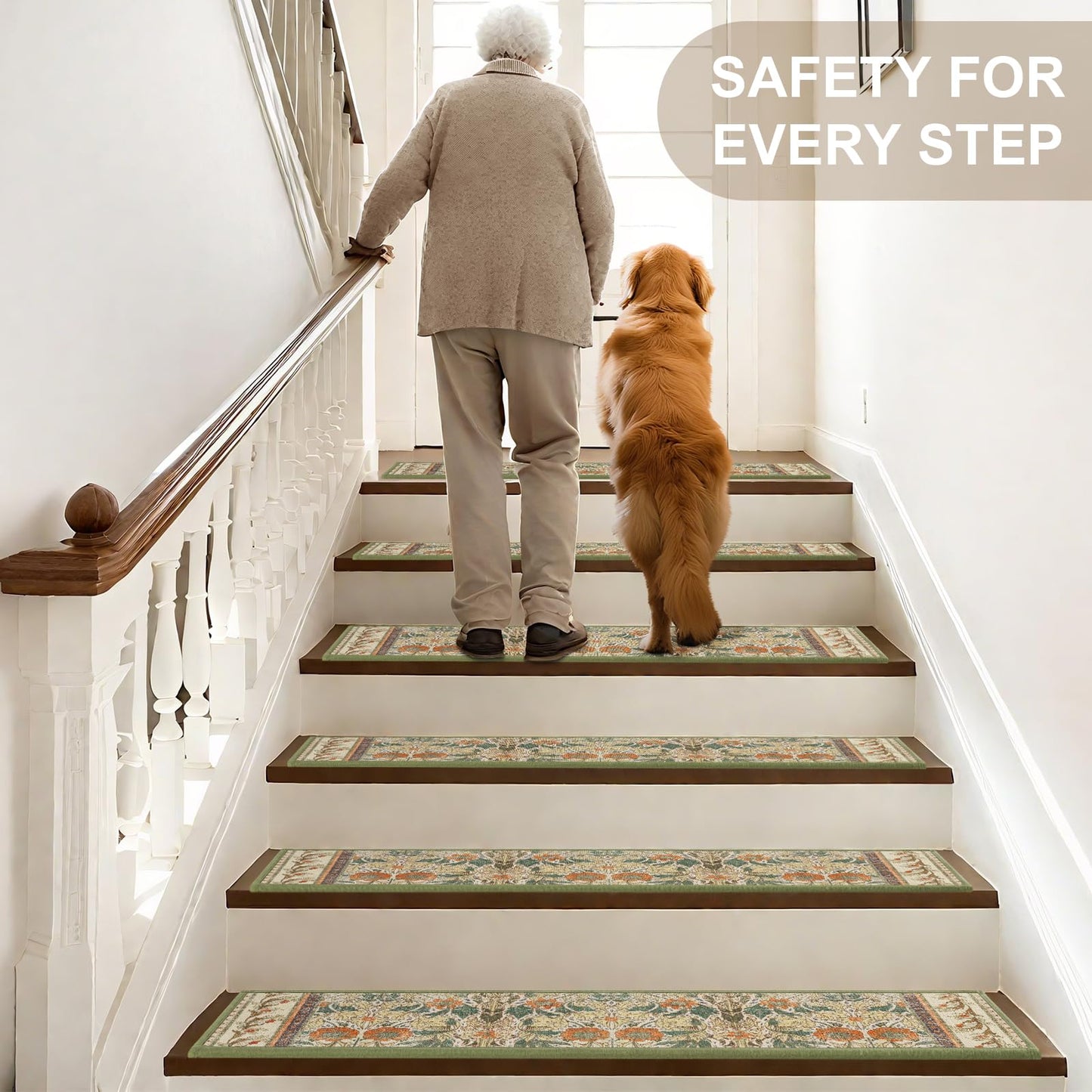 Non Slip Stair Treads for Wooden Steps Indoor, Sage Green, 15pcs, 30"X8", Soft Carpet Mat, Machine Washable Boho Carpet Treads with Reusable Adhesive Backing, Safety Stair Tread for Dog, Kid, Elder