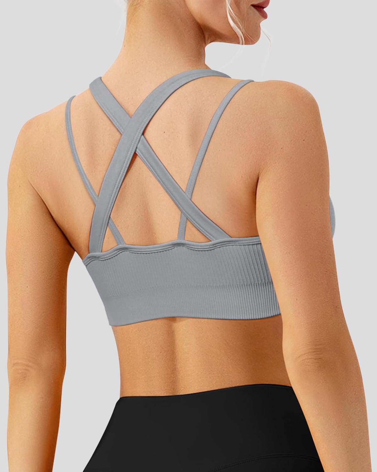 WANAYOU High Support Sports Bras for Women - Ribbed Strappy Criss Cross Back - Padded 3 Pack