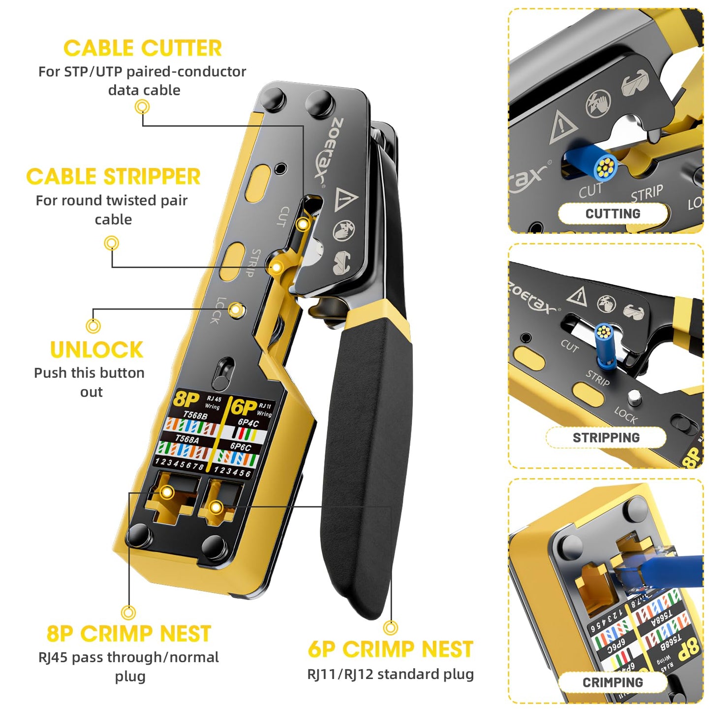 ZOERAX RJ45 Crimping Tool Ethernet Crimp Tool Crimper for RJ11/RJ12 Standard, RJ45 Pass Through Connectors, Yellow
