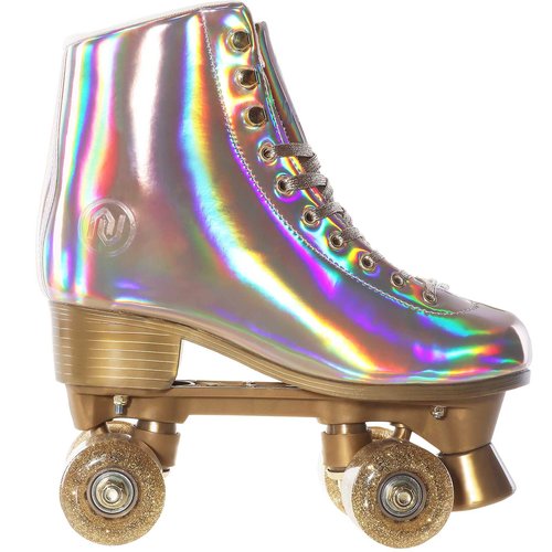 JajaHoho Roller Skates for Women, Holographic High Top PU Leather Rollerskates, Shiny Double-Row Four Wheels Quad Skates for Girls and Age 8-50 Indoor Outdoor (Size 7, Champagne Gold)