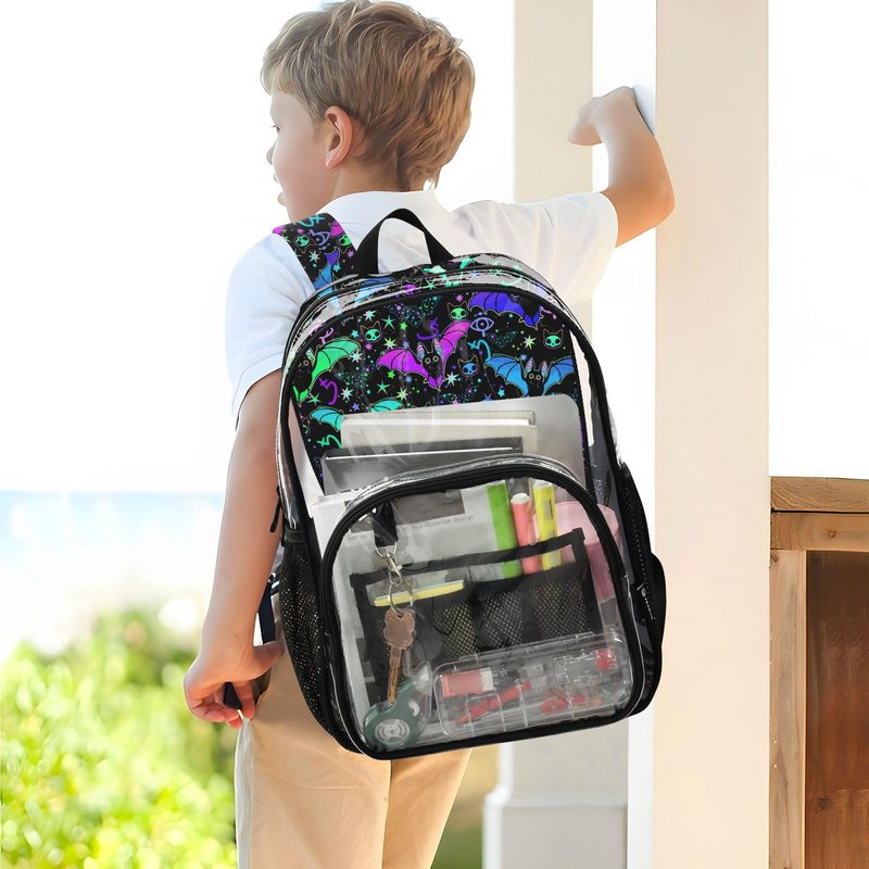 PJGINUIUA Psychedelic Bats Print Clear Backpack Lightweight Large Capacity See Through Bookbag Transparent Daypack Bag, 12L