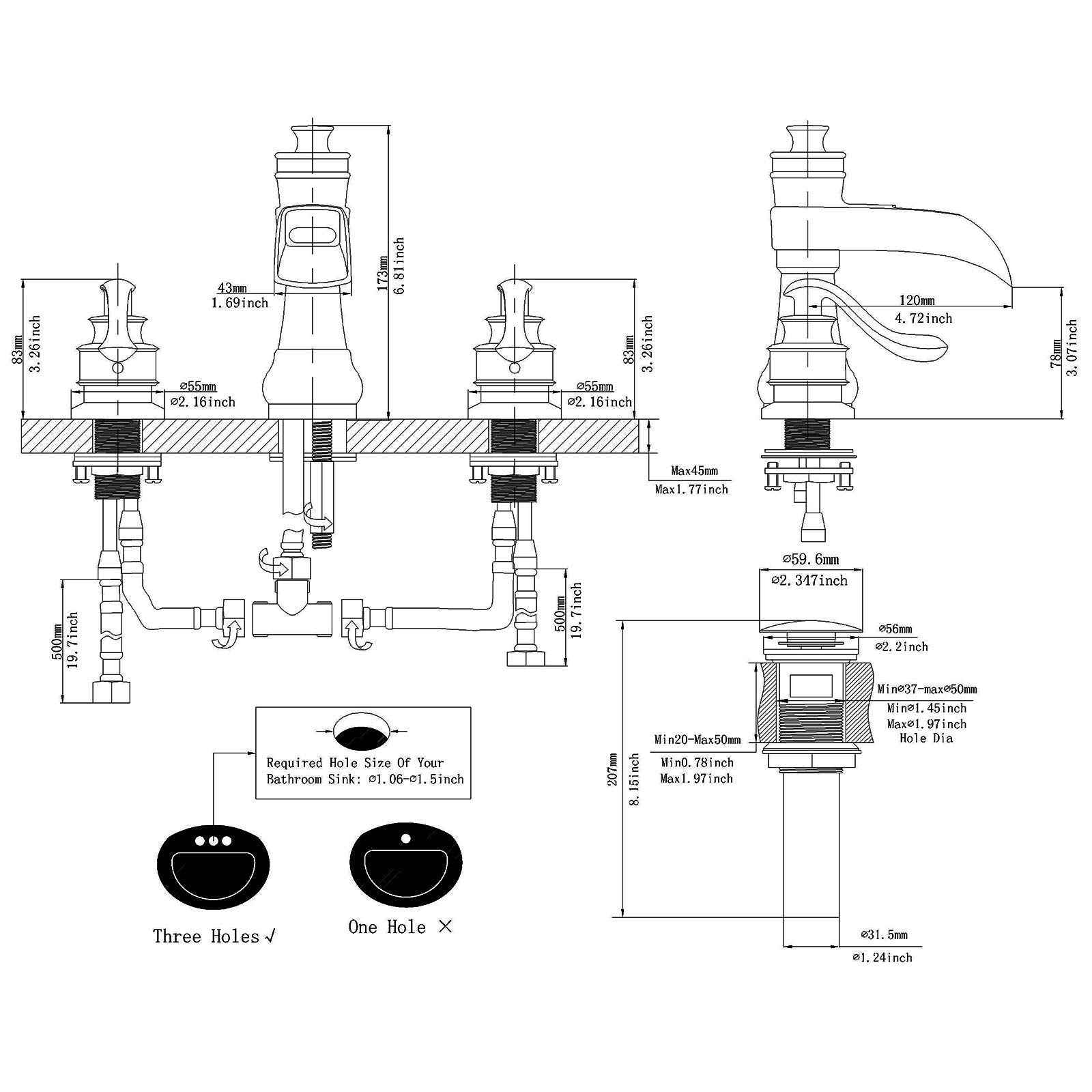 Bathfinesse 3 Hole Black Bathroom Sink Faucet 8 Inch Two Handles Widespread Waterfall Farmhouse with Pop Up Drain Assembly Stopper Supply Lines Hose Lead-Free