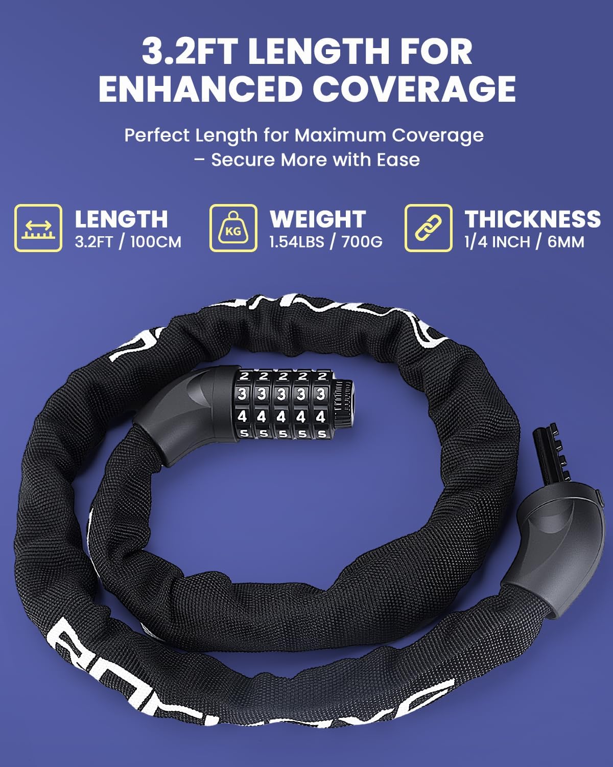 ONVIAN Heavy Duty Bike Lock - 5 Digit Combination, 3.2Ft Long Chain for High Security | Ideal for Ebikes, Scooters, and More