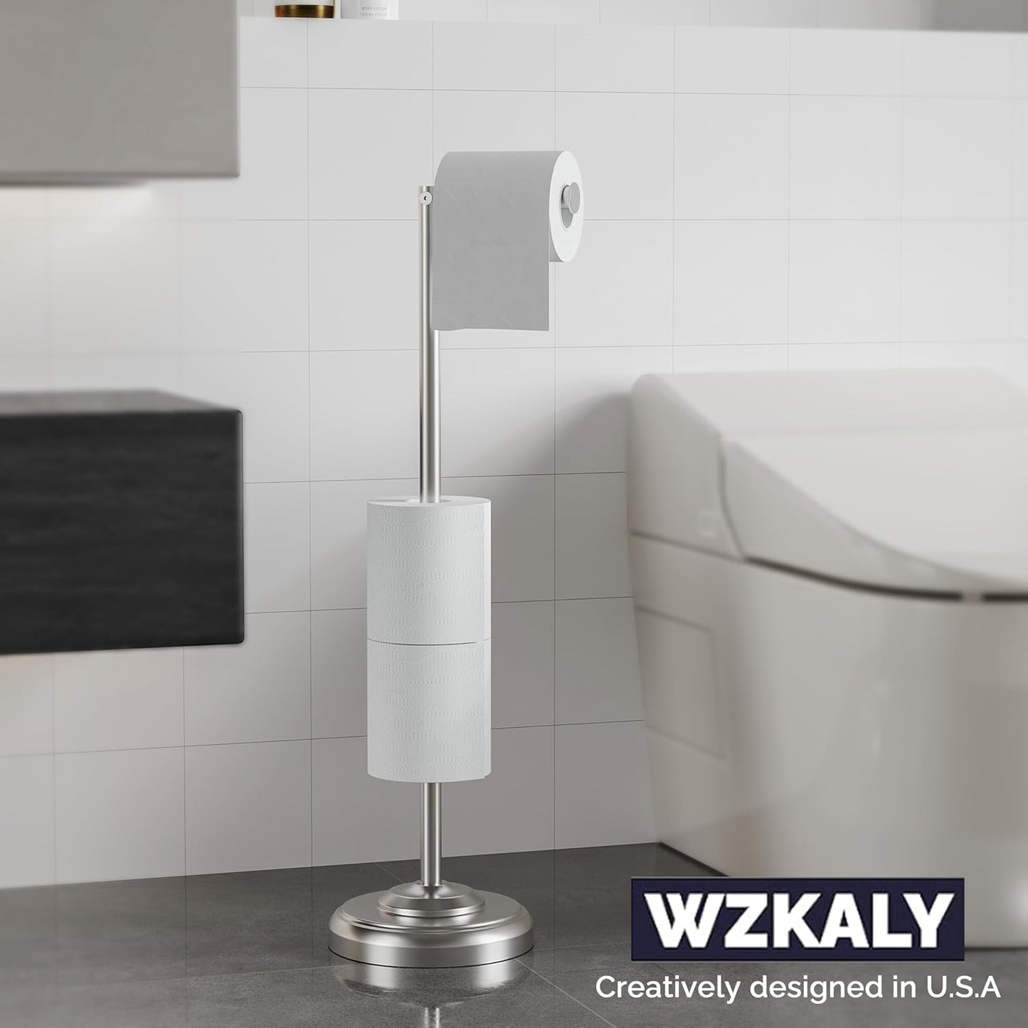 Brushed Nickel Free Standing Toilet Paper Holder with Pivoting Design & Weighted Base
