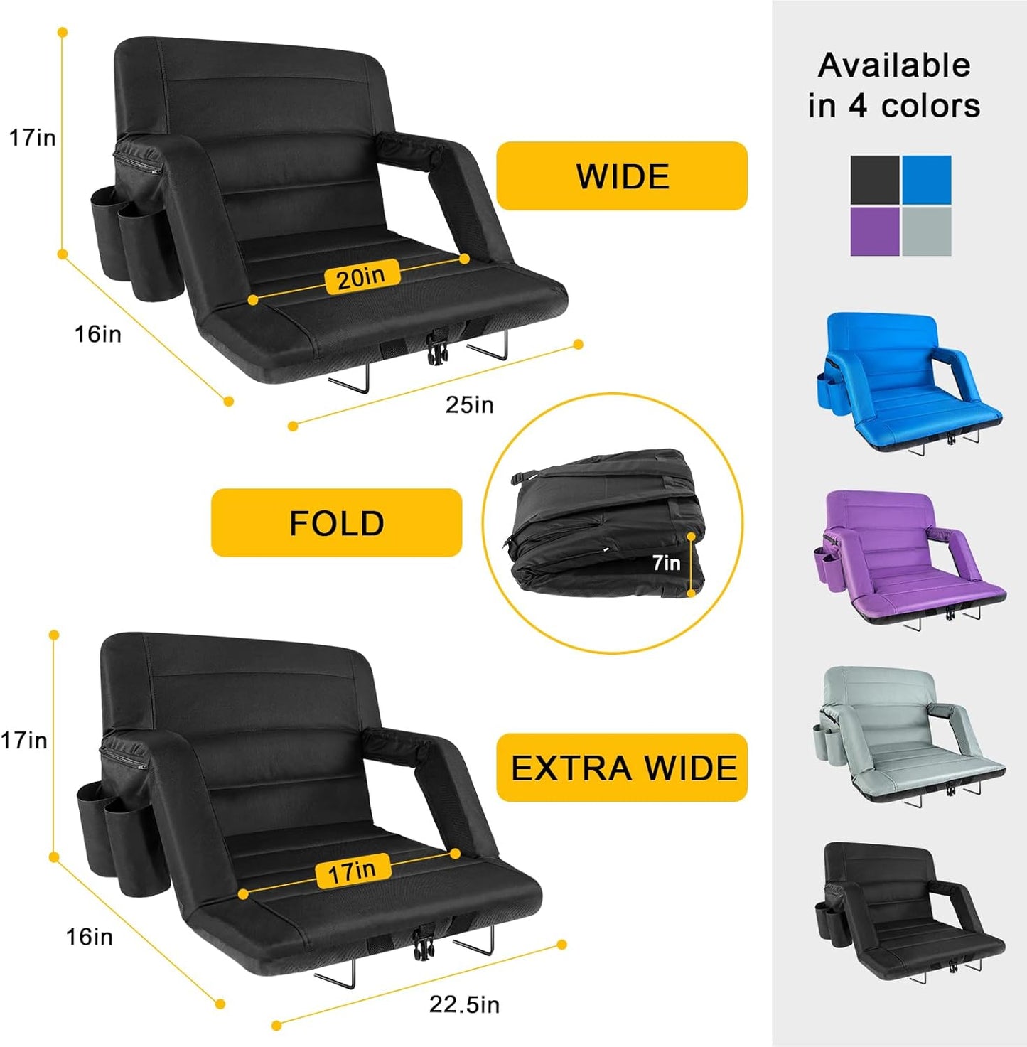 Yeyeeyyee Stadium Seats - Wide Bleacher Chairs with Back Support & Cushion | 22.5" Waterproof Black