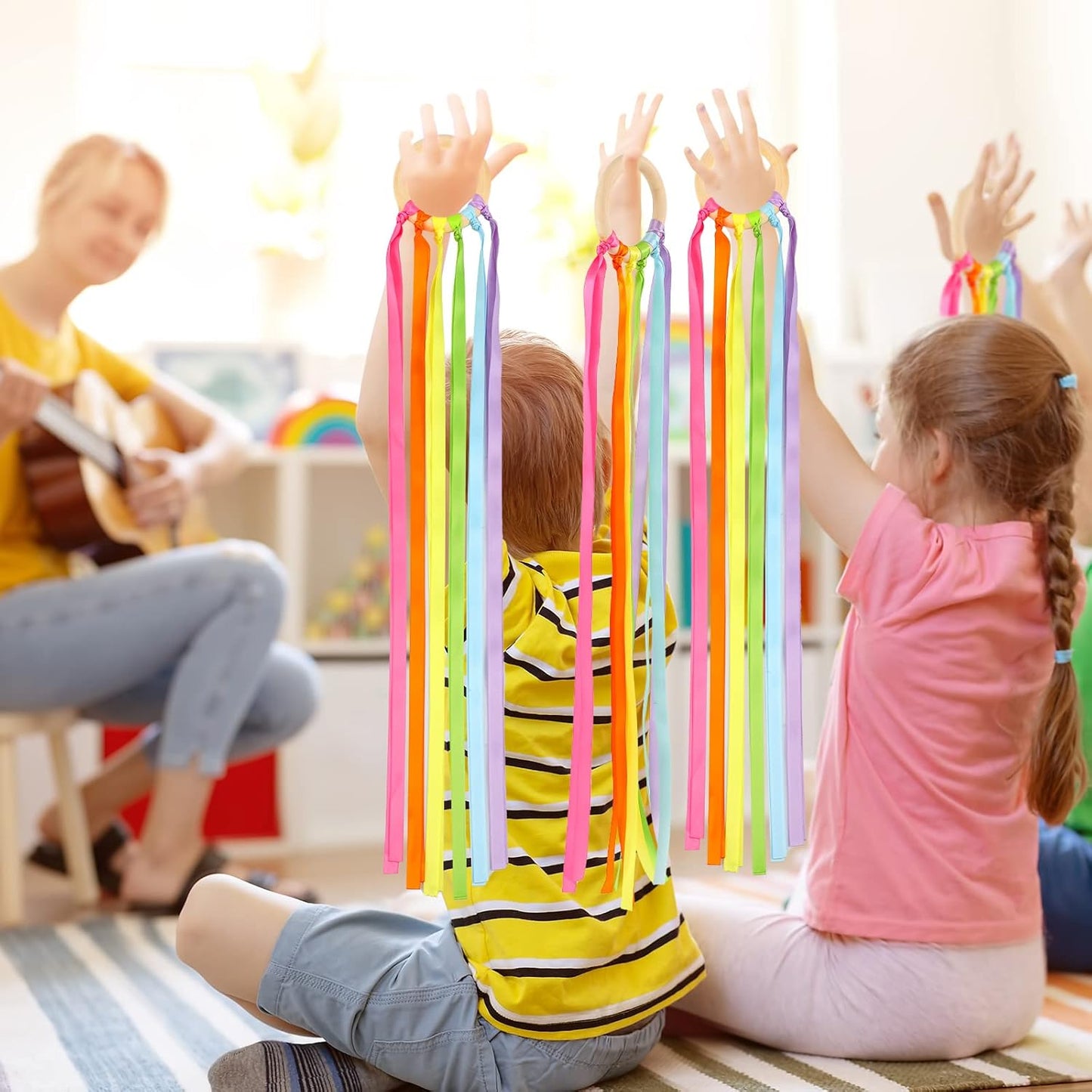 Sumind Rainbow Ribbon Hand Kites - 6 Pcs Colorful Streamer Wands for Kids | Educational Dance Toys
