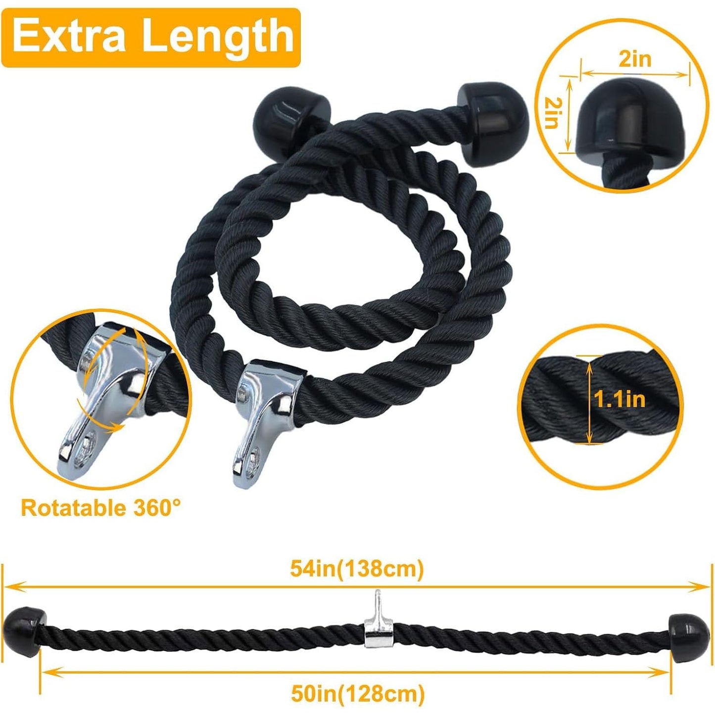 VBQFDPH Long Tricep Rope for Home Gym Pulley System,Double Length Tricep Pull Down Rope - 54 Inches Attachment for Cable Machine - Heavy Duty Long Tricep Pull Down Rope