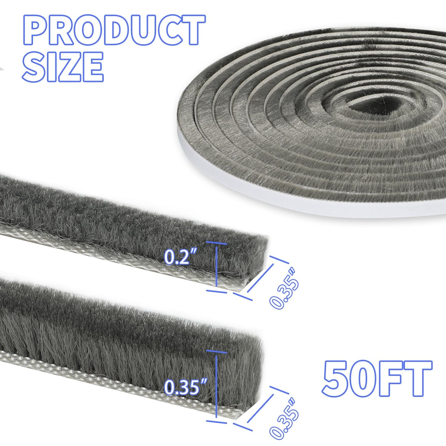 50Ft Self-Adhesive Brush Weather Stripping Door Seal 0.35" Wide x 0.2" Thick Neat Pile Brush Seal Strip for Doors and Windows Gray Soundproofing Weather Strip for Soundproof Windproof Dustproof