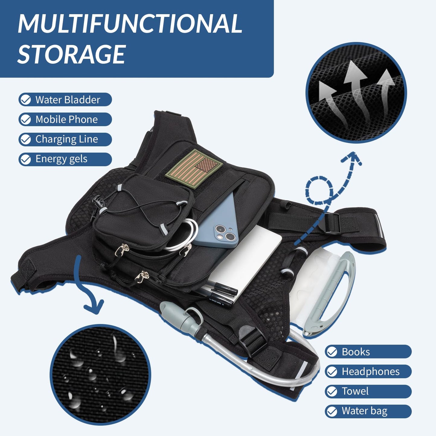 Runlight Running Vest,Lightweight Adjustable Chest Pack with Pistol Holster, Pack with 1.5L Water Bladder, Reflective Running Hydration Vest (Black, One Size)