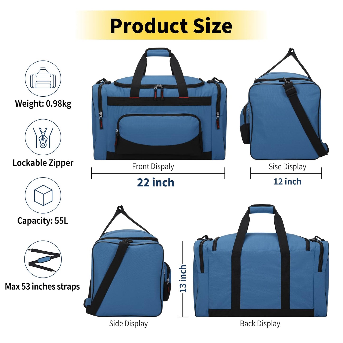 THSOGO 22 inch Gym Bag for Men - 55L Large Travel Duffle Bag Sports Equipment Bag with Multiple Zippered Pockets,Outdoor Workout Duffle Bag for Overnight Weekend - Blue