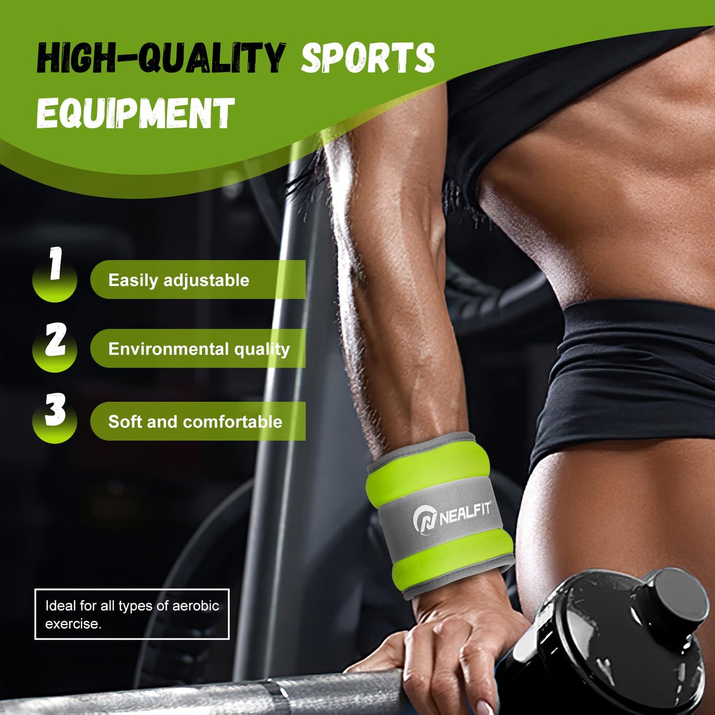 NEALFIT Ankle Weights 1/2/3/4/6/10 LBS for Men Women Kids, Leg Arm Wrist Weights with Adjustable Strap for Running, Aerobics, Strength Training, Physical Therapy, Fitness (Green, 1 lb x 2 (2LB Pair))
