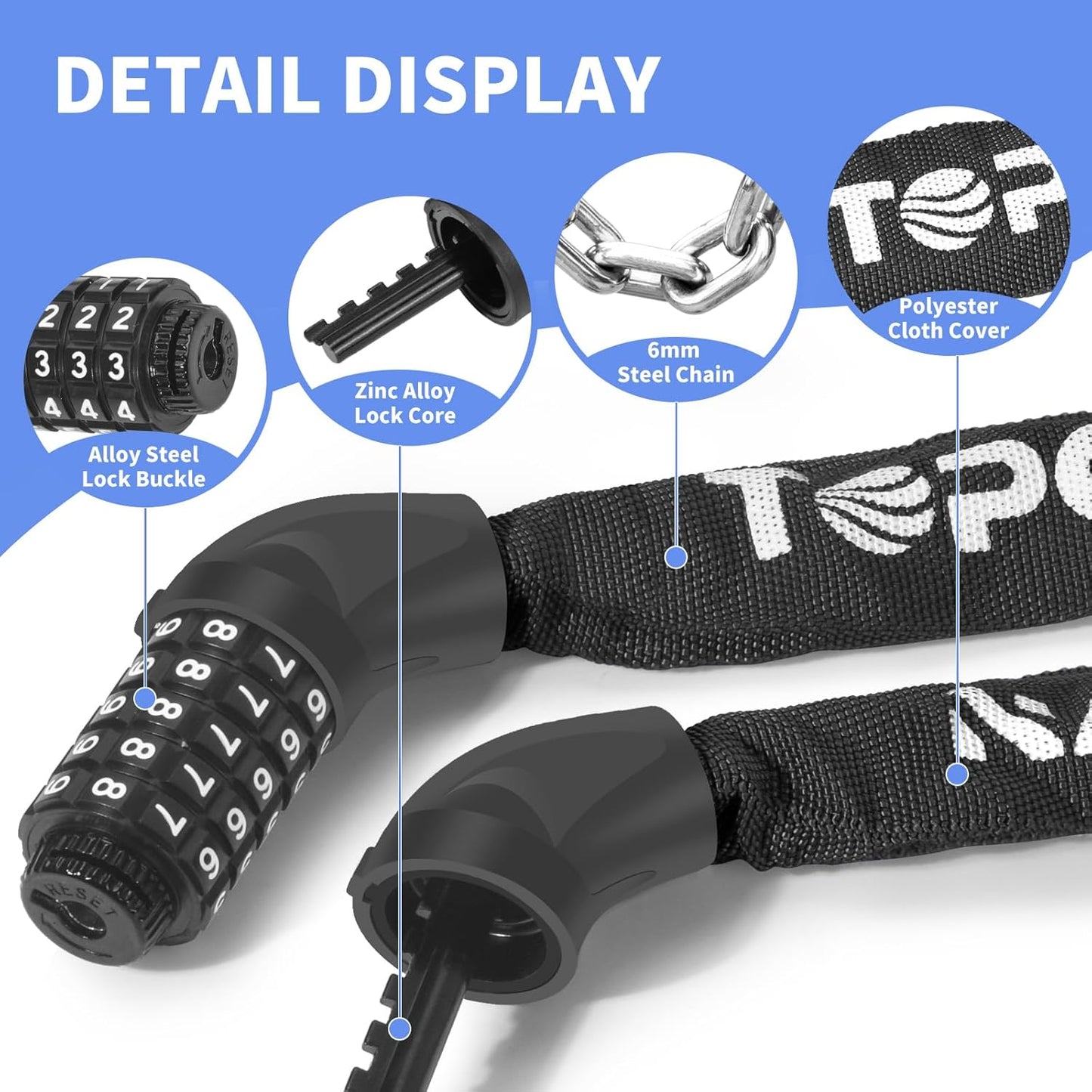 Topcrown Bike Chain Lock - 3.2Ft Heavy-Duty Anti-Theft Security | 5-Digit Keyless Combination Lock (Black)
