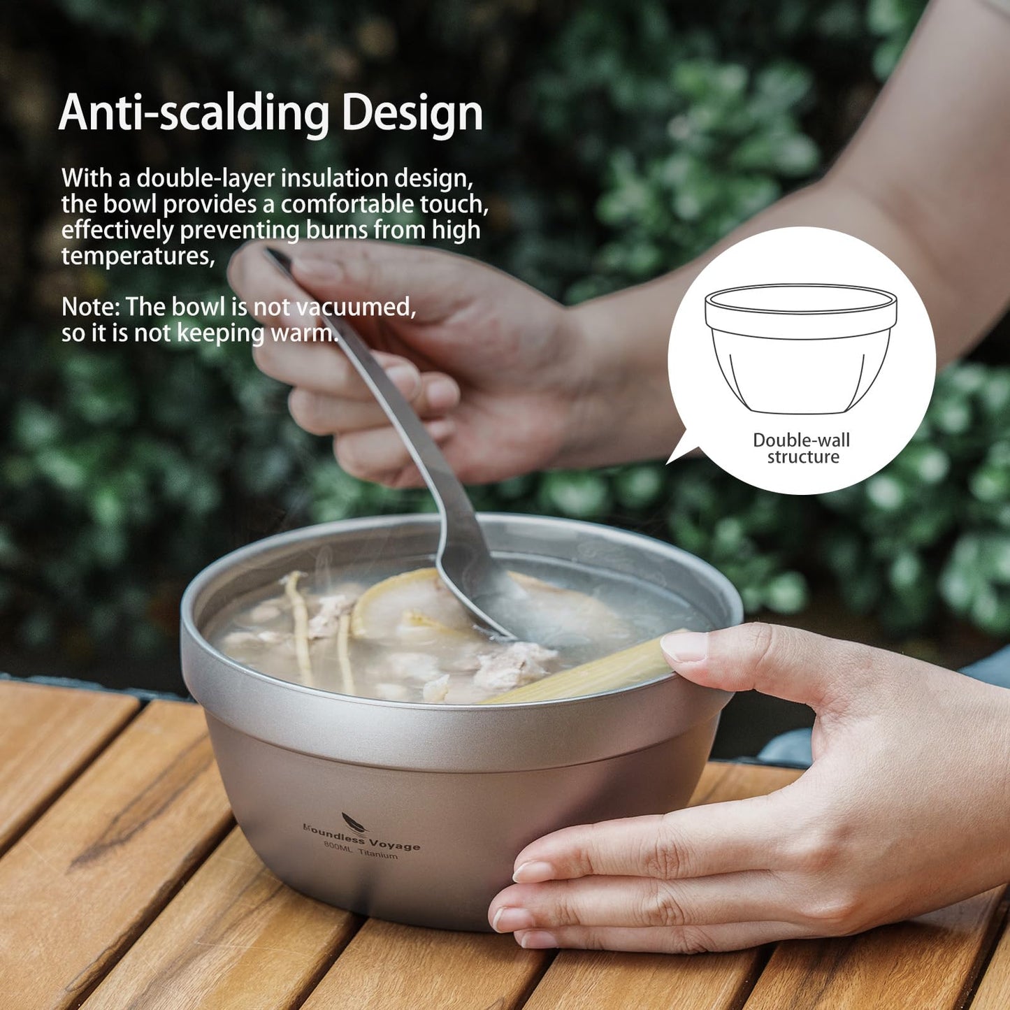 Boundless Voyage Titanium Double Walled Bowl Oatmeal Rice Soup Yogurt Bowl Ultralight Portable Tableware Outdoor Camping Metal Bowls (800ml)
