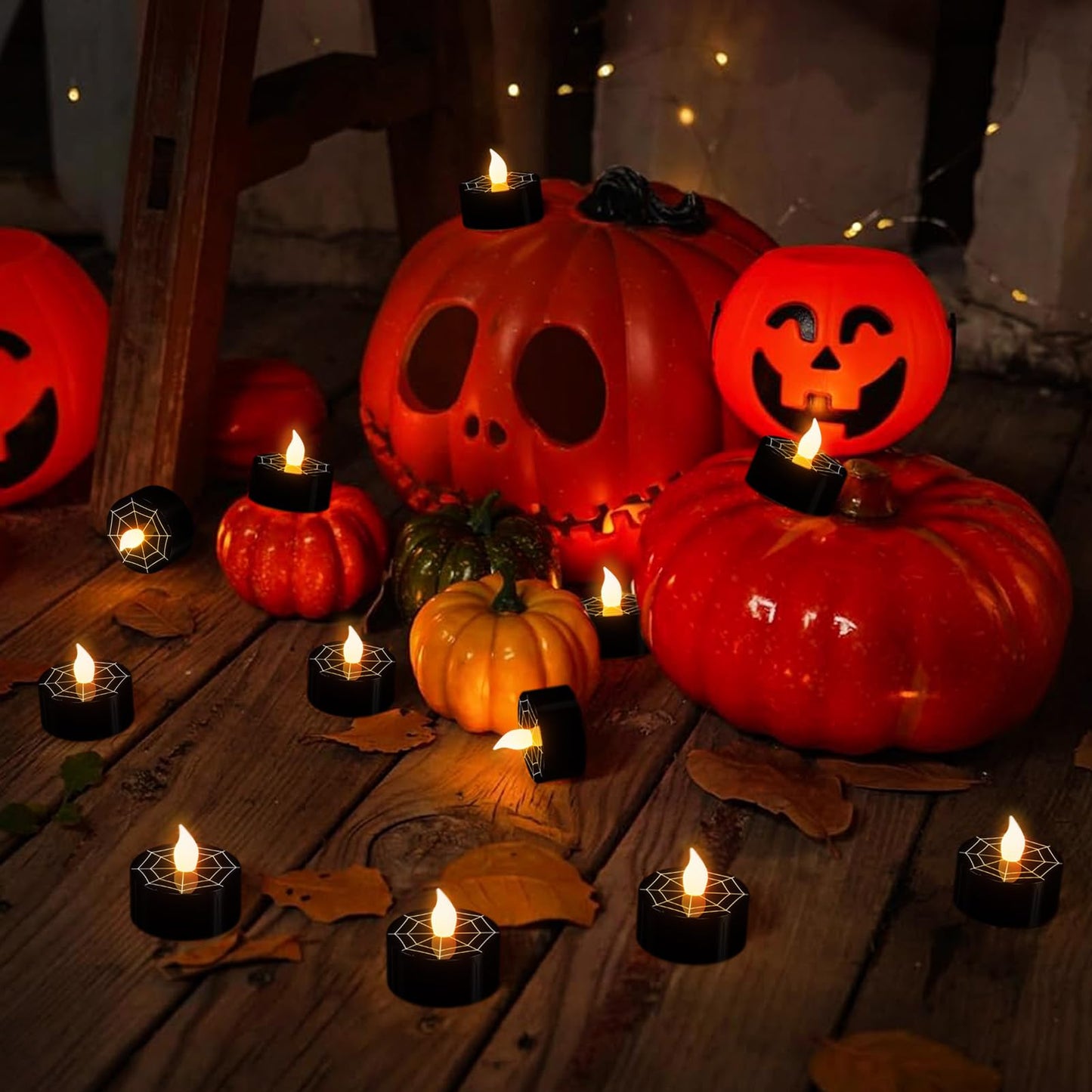 DRomance Halloween Flameless Votive Candles Battery Operated with 6H Timer, 12 Pack Black Spider Cobweb Decal LED Flickering Pumpkin Tea Lights Candles Fall Indoor Decoration(1.5" D x 1.4" H)