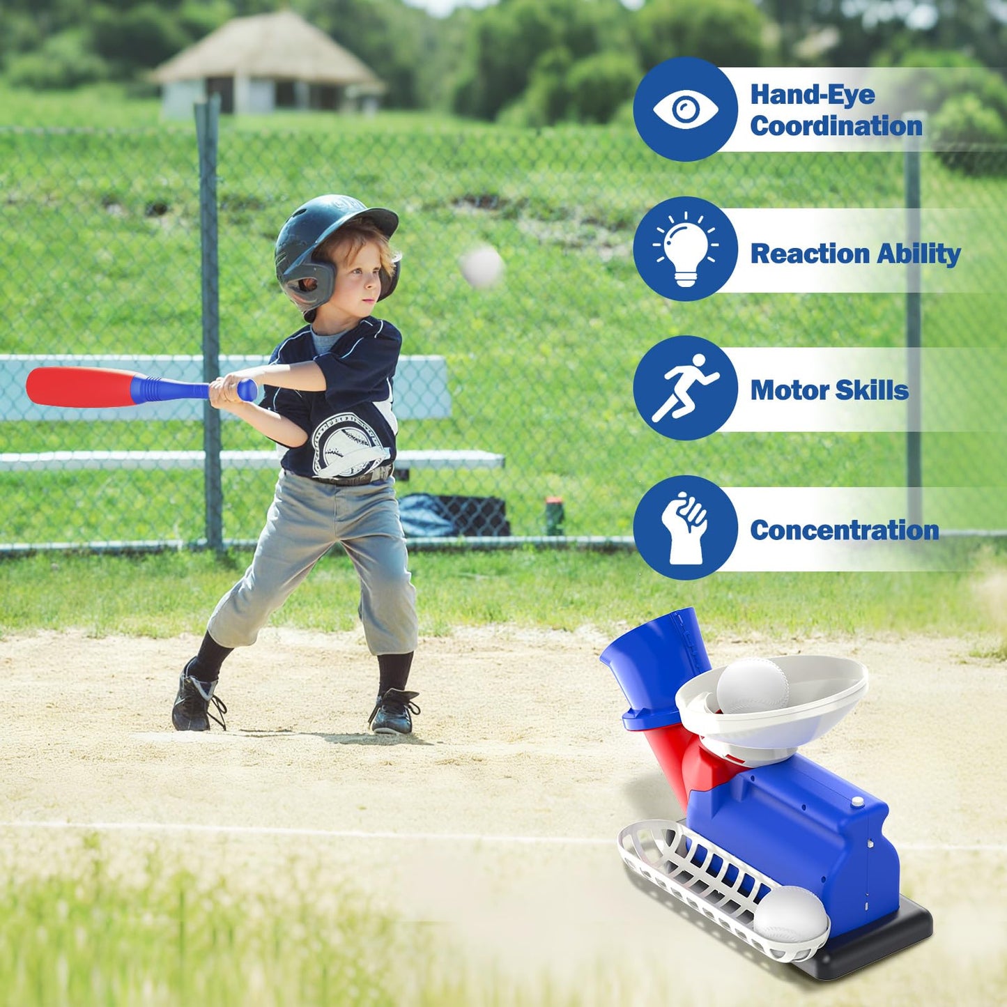 Jovizo Automatic Baseball Pitching Machine for Kids, Baseball Hitting Trainer with Bat & 4 Balls, T Ball Launcher Training Equipment, Outdoor Indoor Sports Toy Gift for Boys Girls 6+