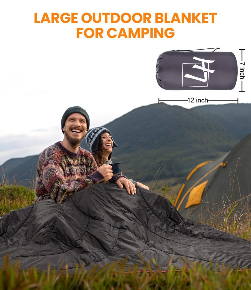 Outdoor Puffy Camping Blanket, Lightweight Down Alternative Puffy Waterproof Stadium Blanket with Portable Bag, Lightweight Camping Blanket for 2 People, Cold Weather, Sports, Travel, Car, 79*54 inch
