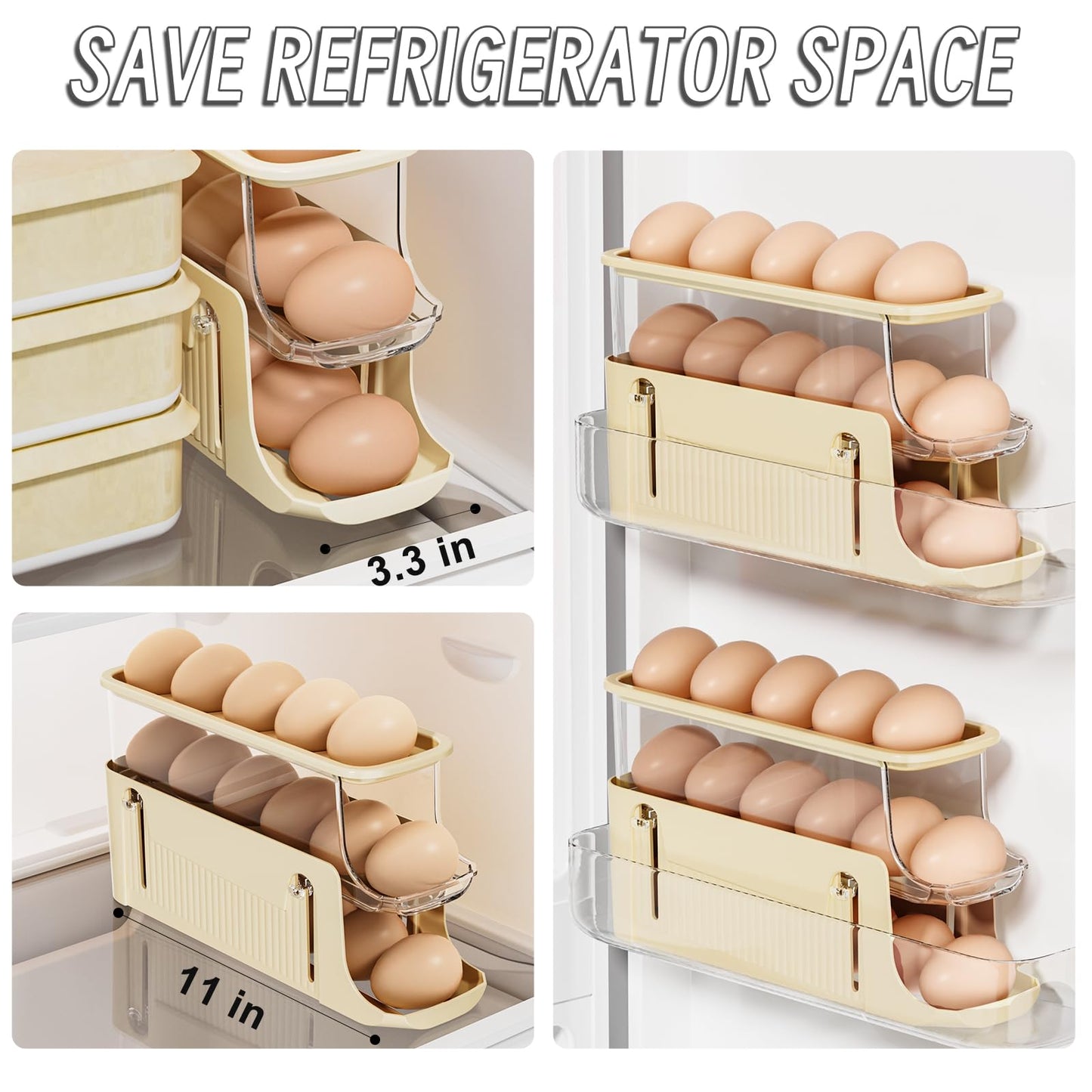 2 Pack Egg Holder for Fridge - Auto Rolling 30 Egg Capacity Dispenser for Refrigerator Storage, Space Saving Efficient Design for Egg Organizer Container, Large Capacity for Kitchen Countertop Use
