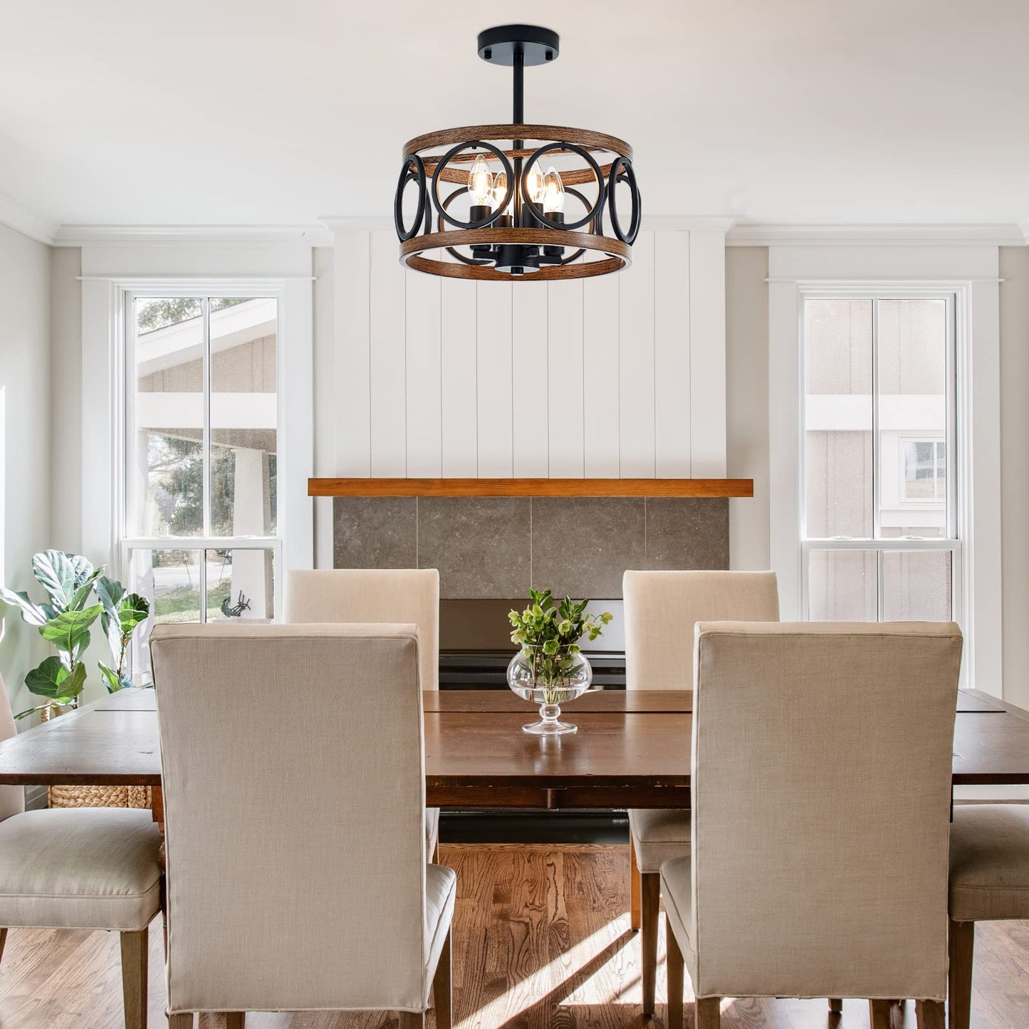 Faibra 4-Light Farmhouse Drum Pendant Light,12.6'' Nature Wood Texture Vintage Rustic Chandeliers Black Metal Industrial Hanging Light Fixtures for Entryway, Bedroom Dining Room