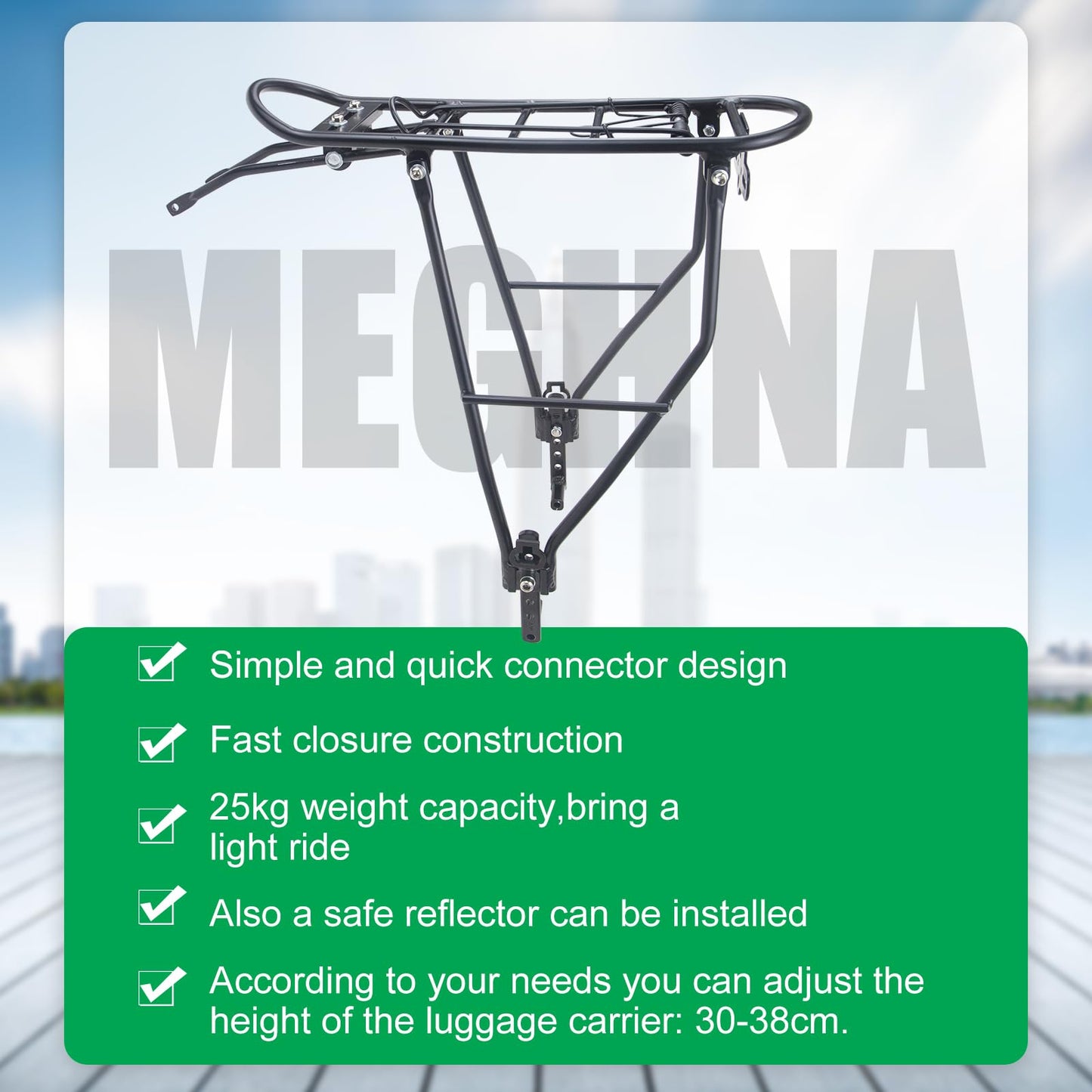 Rear Bike Rack Bike Cargo Racks Lightweight Alloy Aluminium 55LB Load Bearing Capacity Cargo Rack for Bike for Mountain Bike Road Bicycle Rear Rack, Height Adjustable Bicycle Rack 24"-28" Bike, Black