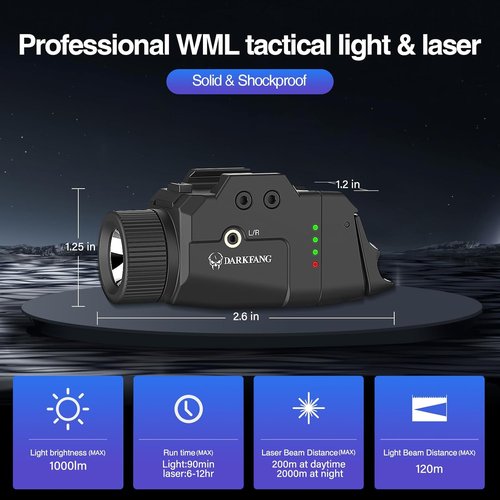 DARKFANG Tactical Weapon Light - 1000 Lumen Laser Combo with High/Low Rear Switch for Glock & Picatinny Rail