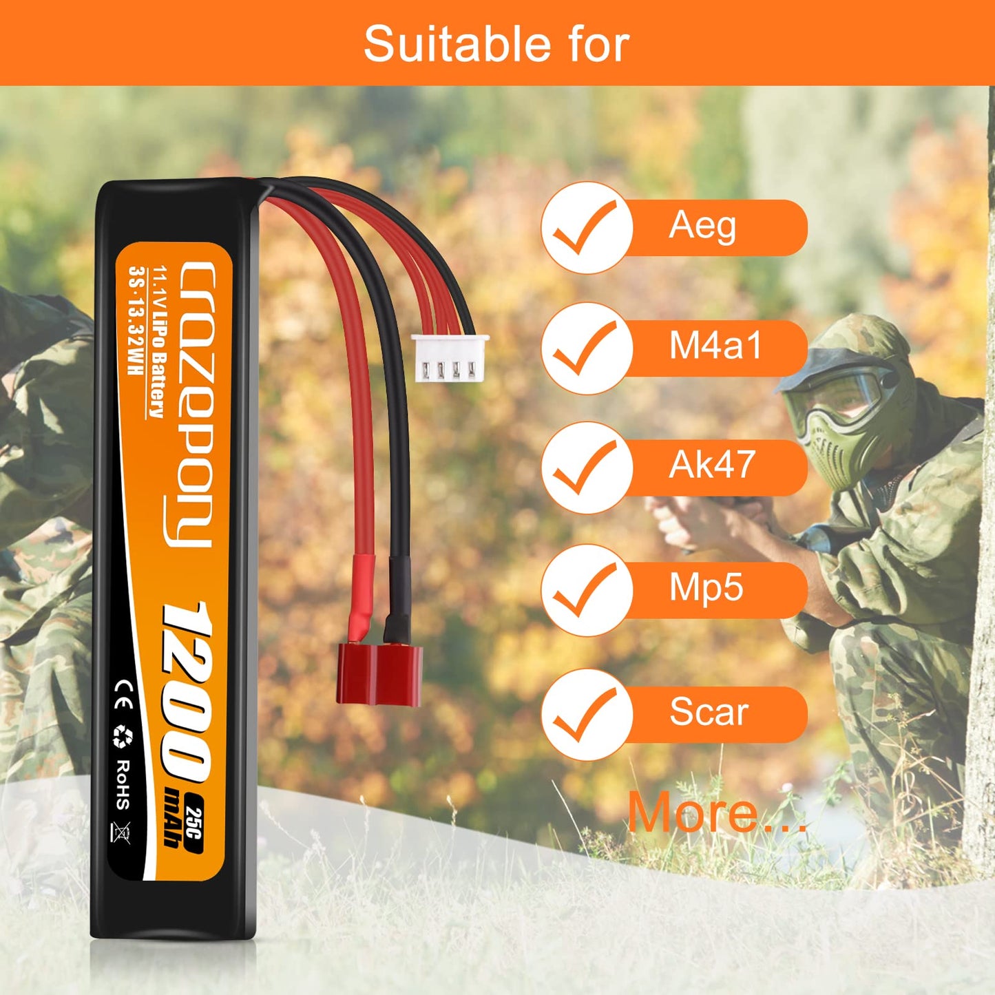 Crazepony Airsoft Battery 11.1V 1200mAh Rechargeable 3S LiPo 25C Hobby Battery with T-Plug & JST XH Connector for Airsoft Model Rifle
