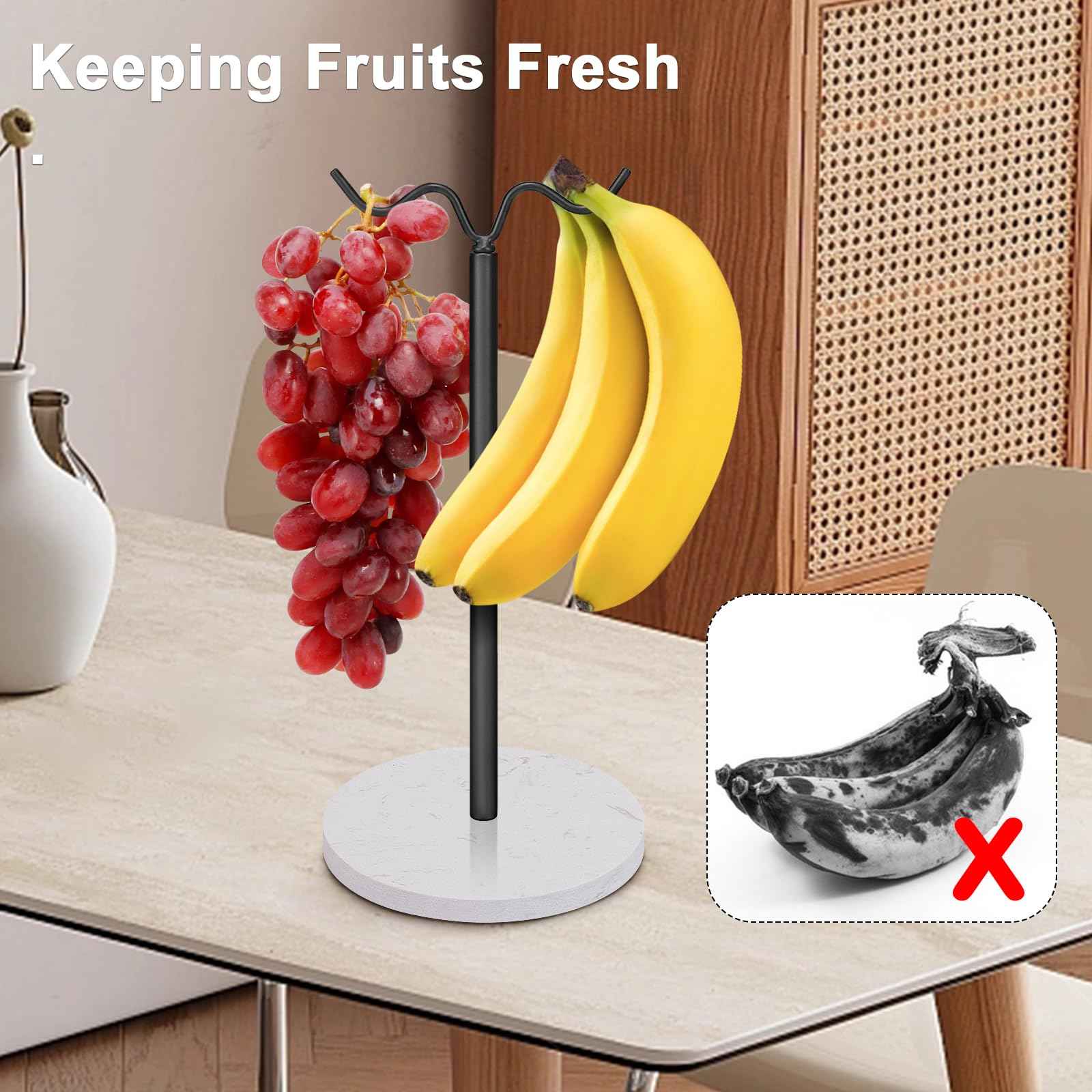 Winmien Double Hooks Standing Banana Holder, Banana Hanger Tree Stand Hook for Kitchen Countertop, Sturdy and Balanced Fruit Shelves with Storage on Both Sides.(Black)