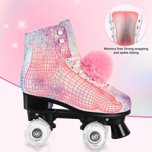 LEVYTEMP Roller Skates for Women, Men Light-Up Wheels Double-Row Rollerskates High-Top PU Leather Classic Designs Glitter Skate Shoes for Girls Beginners with a Shoes Bag Size 7 Indoor Outdoor