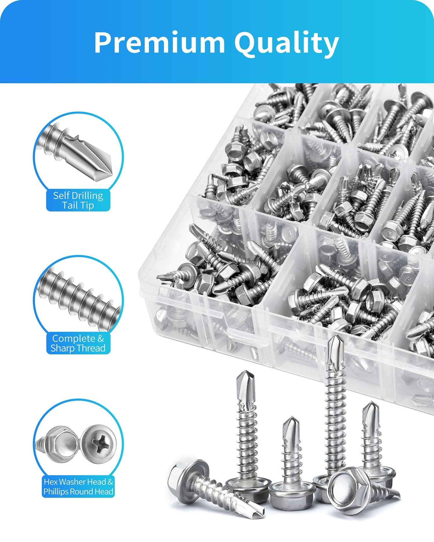 425PCS Self Tapping Screws for Metal, 410 Stainless Steel Self Drilling Screw #8#10 Phillips Wafer & Hex Washer Screws for Metals Assortment Kits, Length 1/2" 3/4" 1" 1-1/2" 2" (Silver)