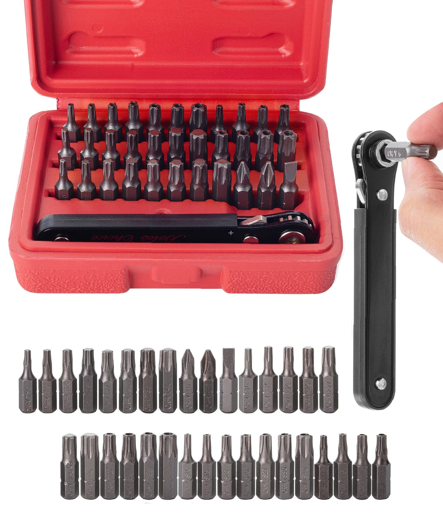 Bates Choice Mini Ratchet Set, 34 pcs, 1/4-Inch Drive, Cr-V Steel, Security Bit Set, Right Angle Screwdriver, 90 Degree Screwdriver, Torx Plus/Torx/Phillips/Slotted, Red Storage Box