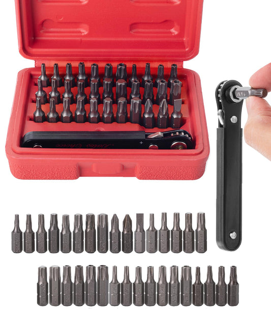 Bates Choice Mini Ratchet Set, 34 pcs, 1/4-Inch Drive, Cr-V Steel, Security Bit Set, Right Angle Screwdriver, 90 Degree Screwdriver, Torx Plus/Torx/Phillips/Slotted, Red Storage Box