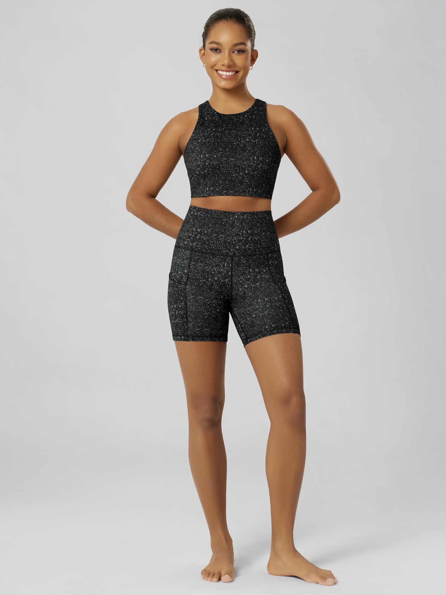 ODODOS 5" Tummy Control Biker Shorts for Women with Pockets High Waist Athletic Workout Yoga Shorts, Black Dot, Large