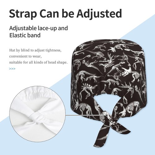 Halloween Dinosaur Dino Skeleton Bones Working Cap Scrub Cap with Sweatband Adjustable Unisex Women Tie Back Hat Nurse Surgical Caps