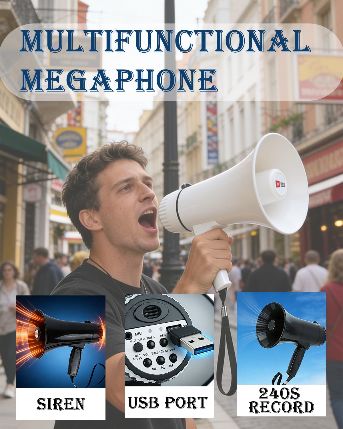 B S 30W Megaphones Bullhorn with with 240 Seconds Recording,Voice Siren for Indoor Outdoor Activities,White