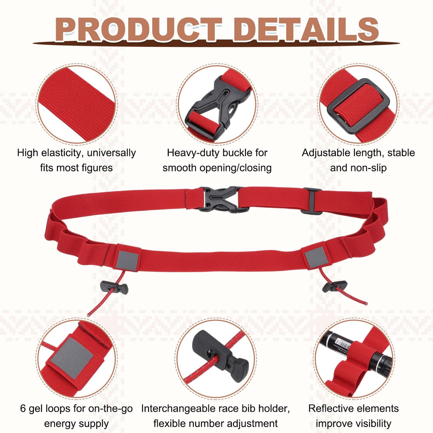 YELARXI Bib Belt, Race Belt Triathlon Running Number Holder Elastic Comfortable with 6 Gel Loops, Sport Race Bib Holder 1Pcs, Red for Runners/Marathon/Cycling
