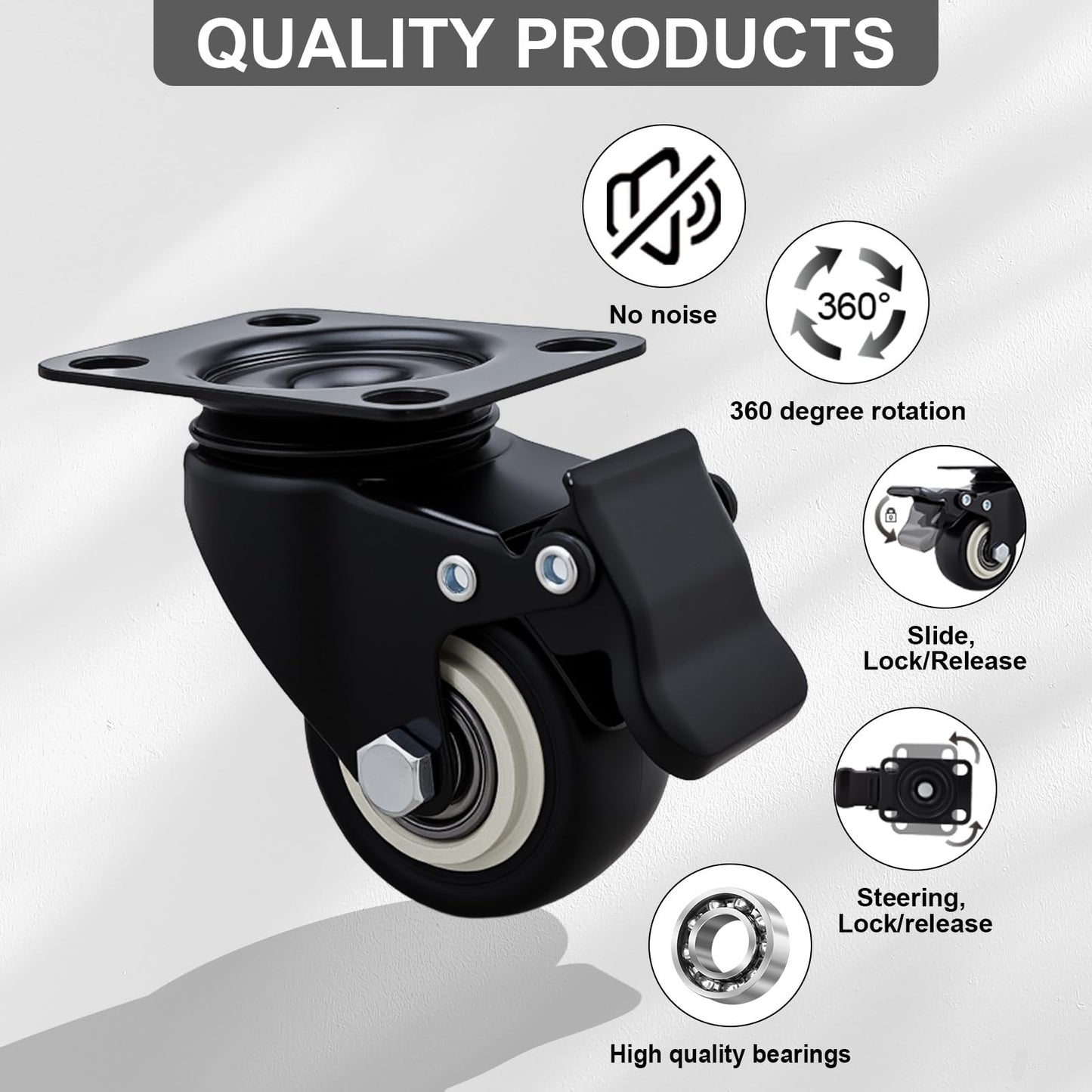 Htudcoue 2 Inch Wheel Casters,Set of 4 Heavy Duty Casters,with Brake,No Noise Locking Polyurethane (PU) Wheels, for Furniture and Workbench Load 800lbs