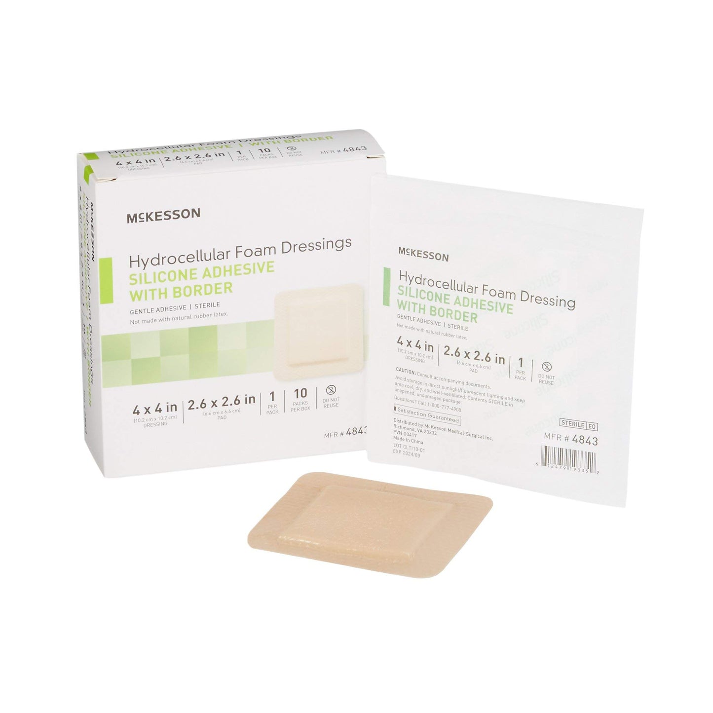 McKesson Hydrocellular Foam Dressings, Sterile, Silicone Adhesive with Border, Dimension 4 in x 4 in, Pad 3 in x 3 in, 10 Count, 1 Pack