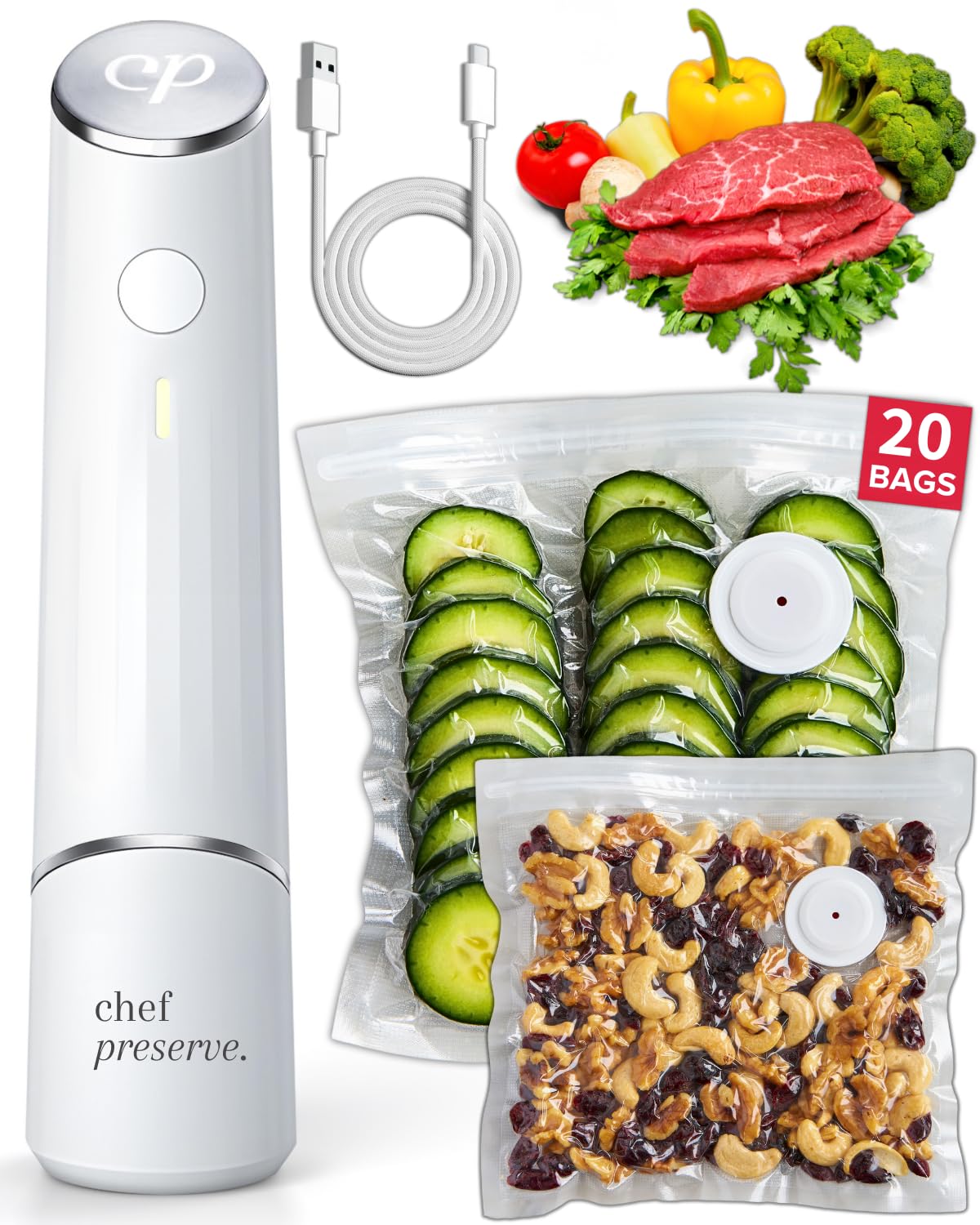 Chef Preserve Compact Vacuum Sealer for Food (Vacuum Sealer Machine + 20 Reusable Vacuum Bags) Powerful Handheld Vacuum Sealer Machine, Seal Meal Saver, Portable Food Sealer