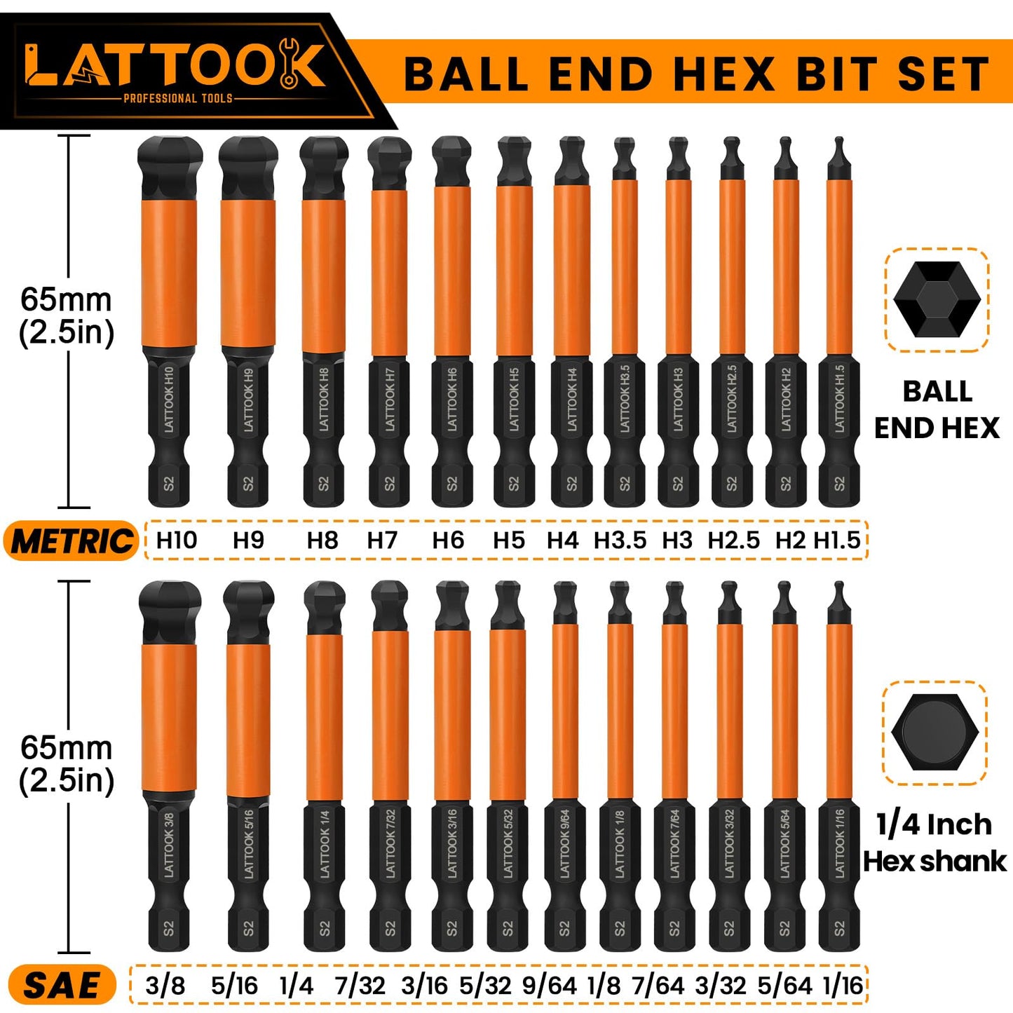 LATTOOK Ball End Hex Head Allen Wrench Drill Bit Set, 24PCS 2.5 Inch Metric & SAE Sizes Ball End Hex Bit Set Allen Key Set Hex Key Set, Magnetic Tipped, S2 Steel