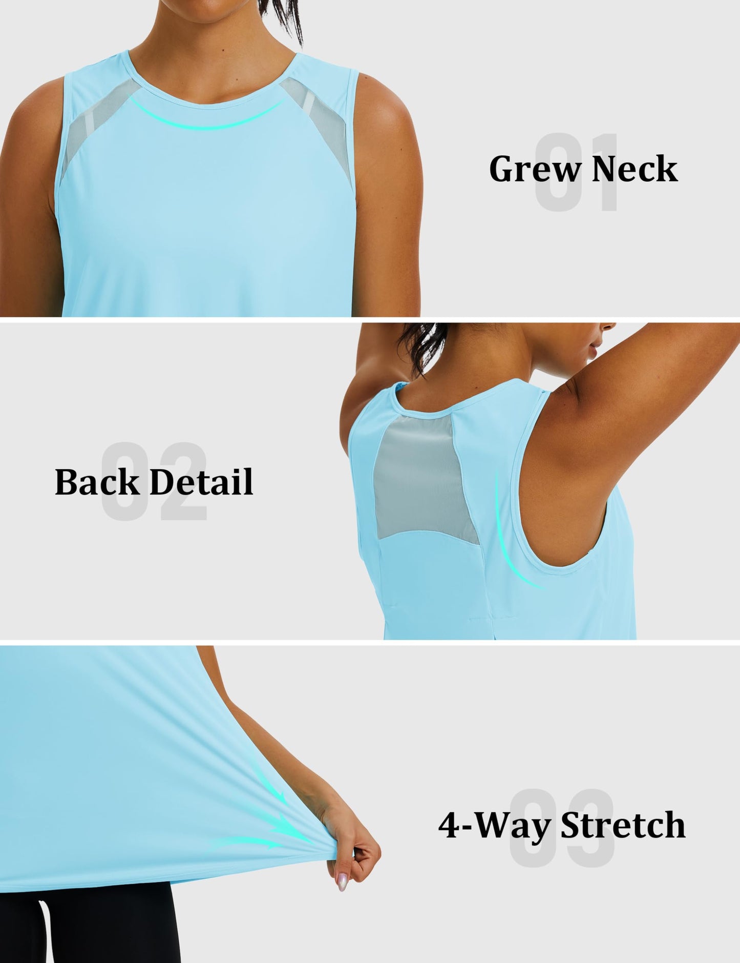 MAGCOMSEN Sleeveless Tops for Women Workout Athletic Tops Moisture Wicking Cooling Mesh Running Tops Curved Hem Fitted M Light Blue