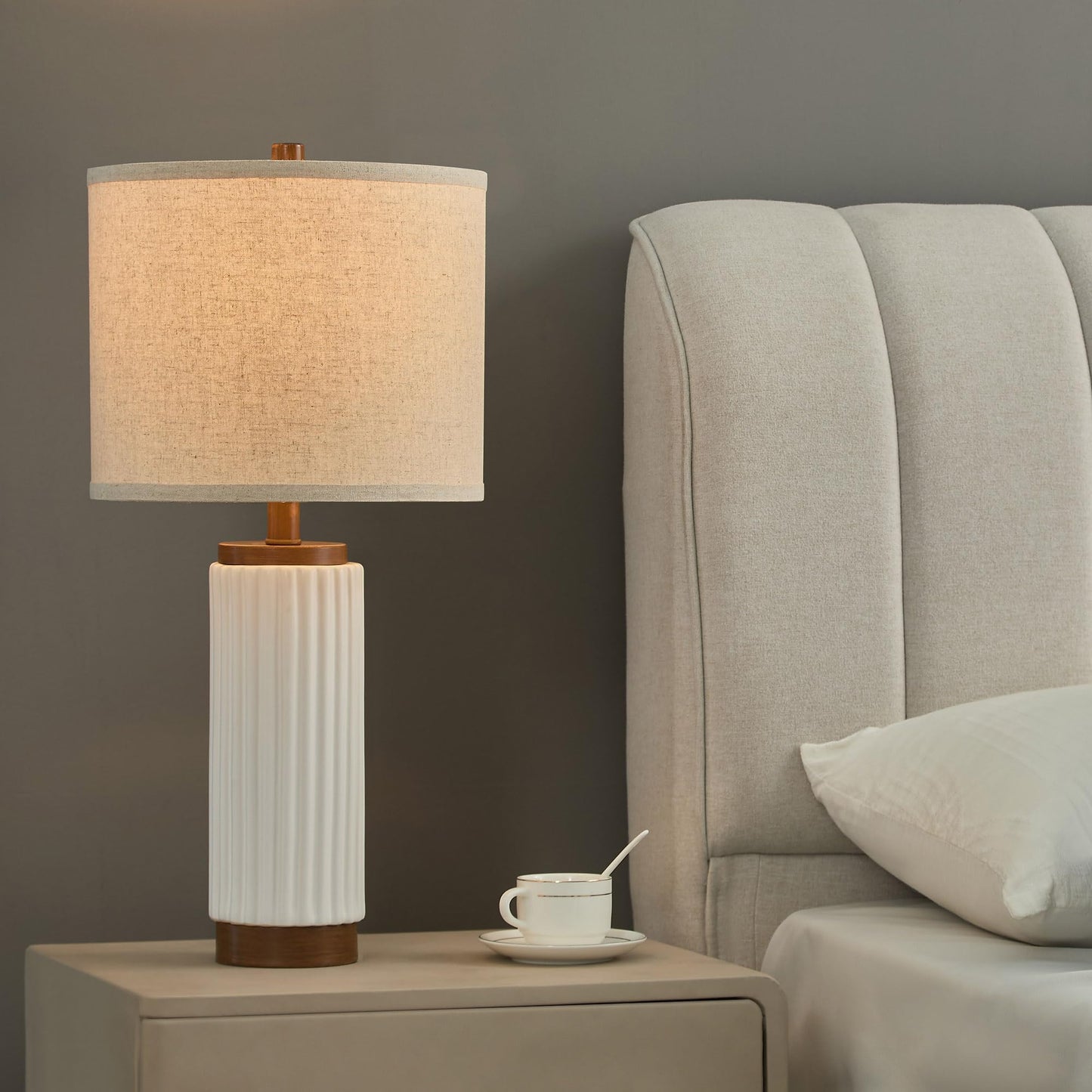 HGNPJC White Ceramic Table Lamp 3 Way Dimmable Nightstand Pottery Lamp Set of 2 with Oatmeal Shade 25" Modern Bedside Desk Lamp with USB A+C for Living Room Bedroom Farmhouse Dining Room Enterway