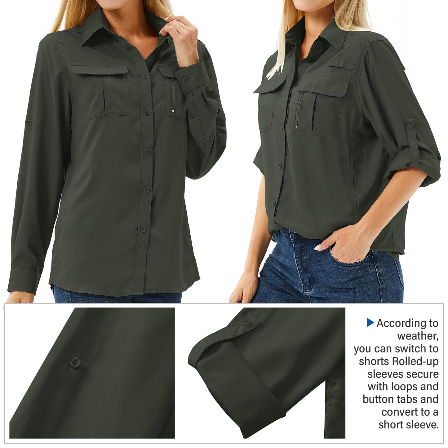 Toumett Women's UPF 50 Long Sleeve UV Sun Protection Safari Shirts Outdoor Quick Dry Fishing Hiking Travel Shirts(Amy Green,L,5071)